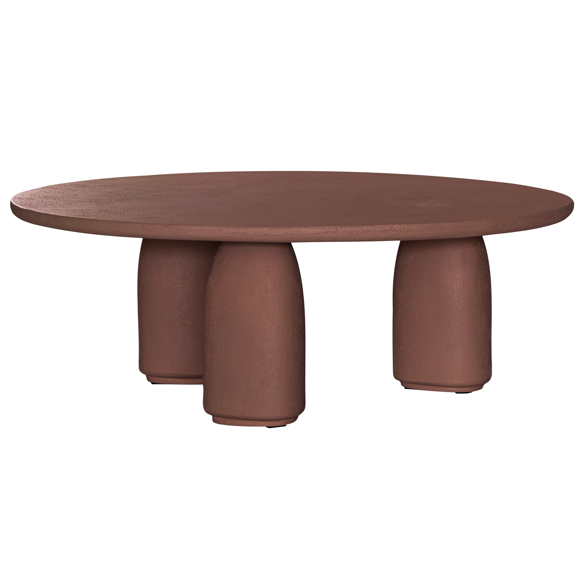 Lantara coffee table in cinnabar clay finish with rounded top and three rounded sculptural legs.