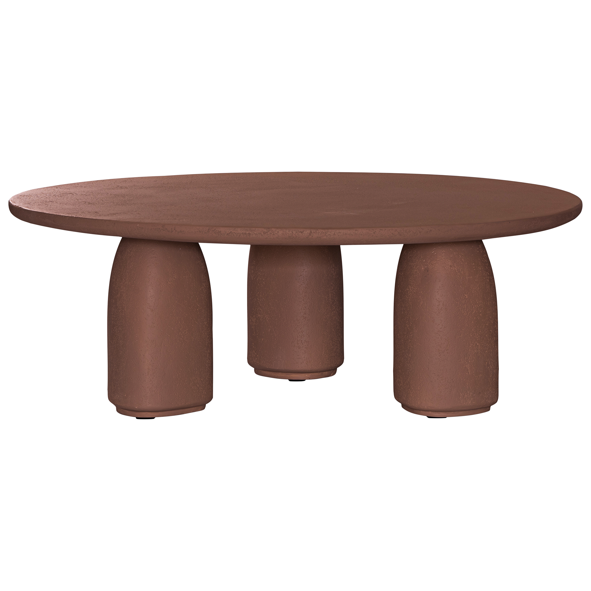 Lantara coffee table in cinnabar clay finish with rounded top and three rounded sculptural legs.