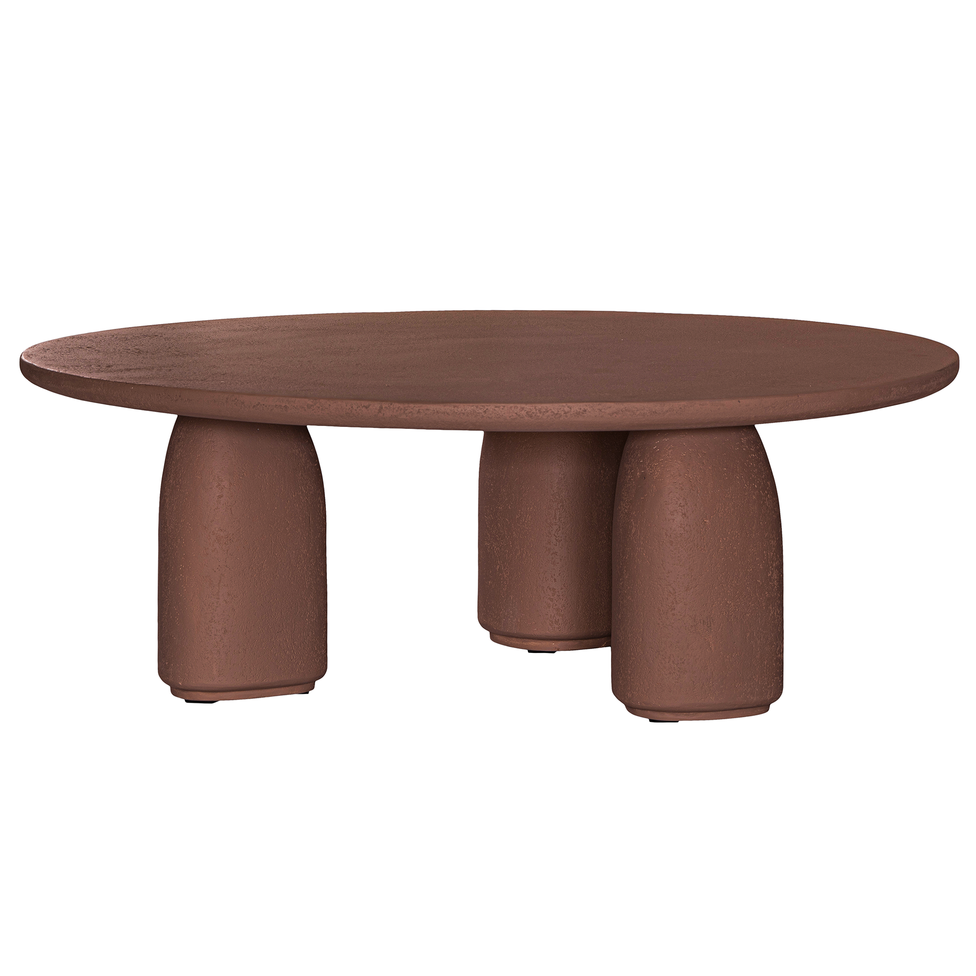 Lantara coffee table in cinnabar clay finish with rounded top and three rounded sculptural legs.