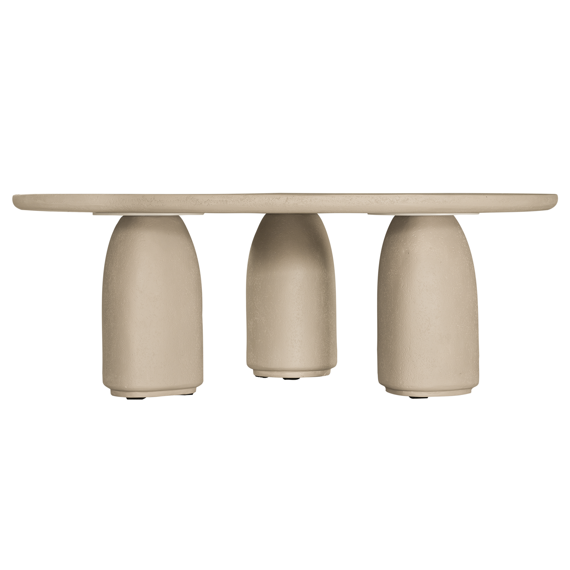 Lantara coffee table in driftstone finish with sculptural pedestal base and soft rounded top.