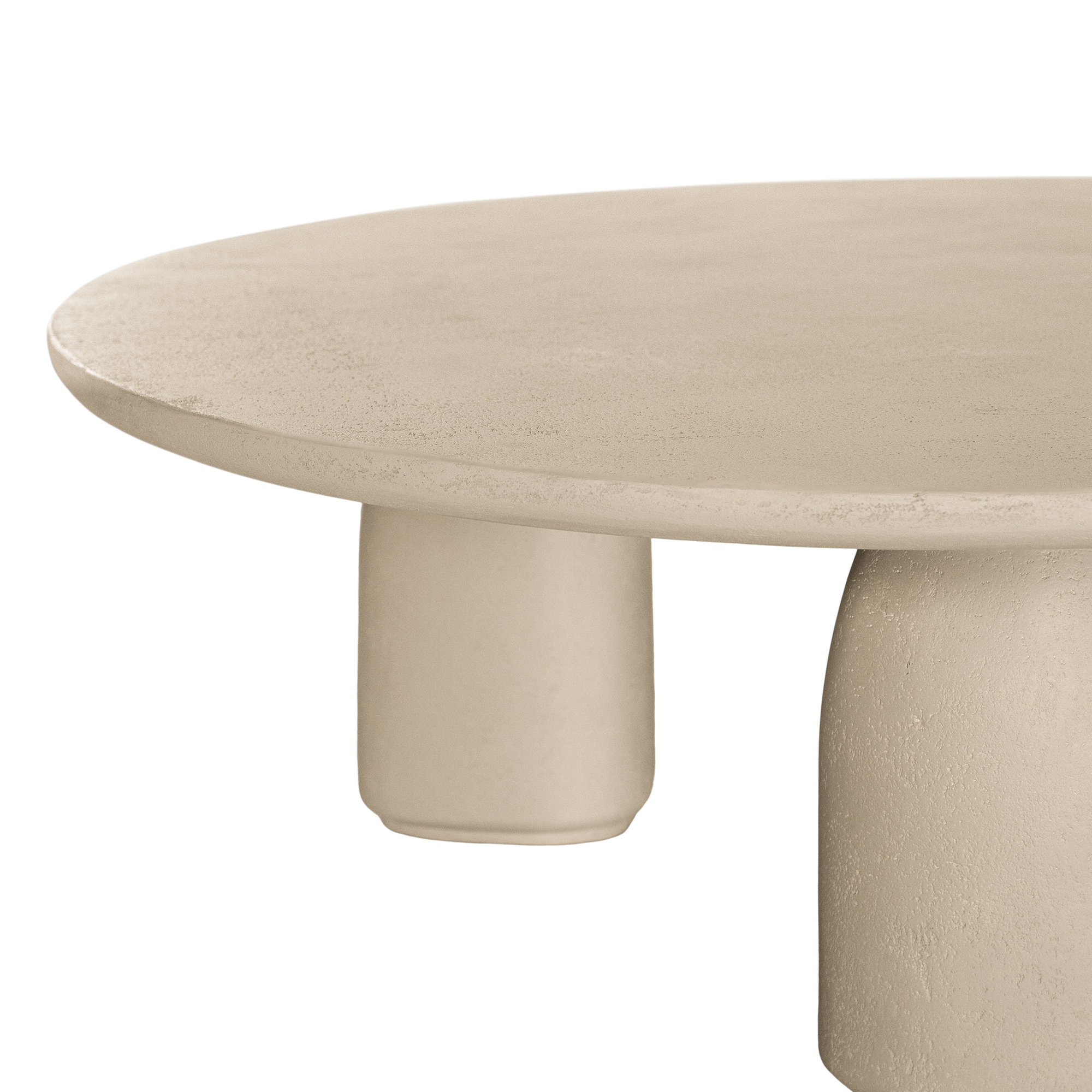 Lantara coffee table in driftstone finish with sculptural pedestal base and soft rounded top.