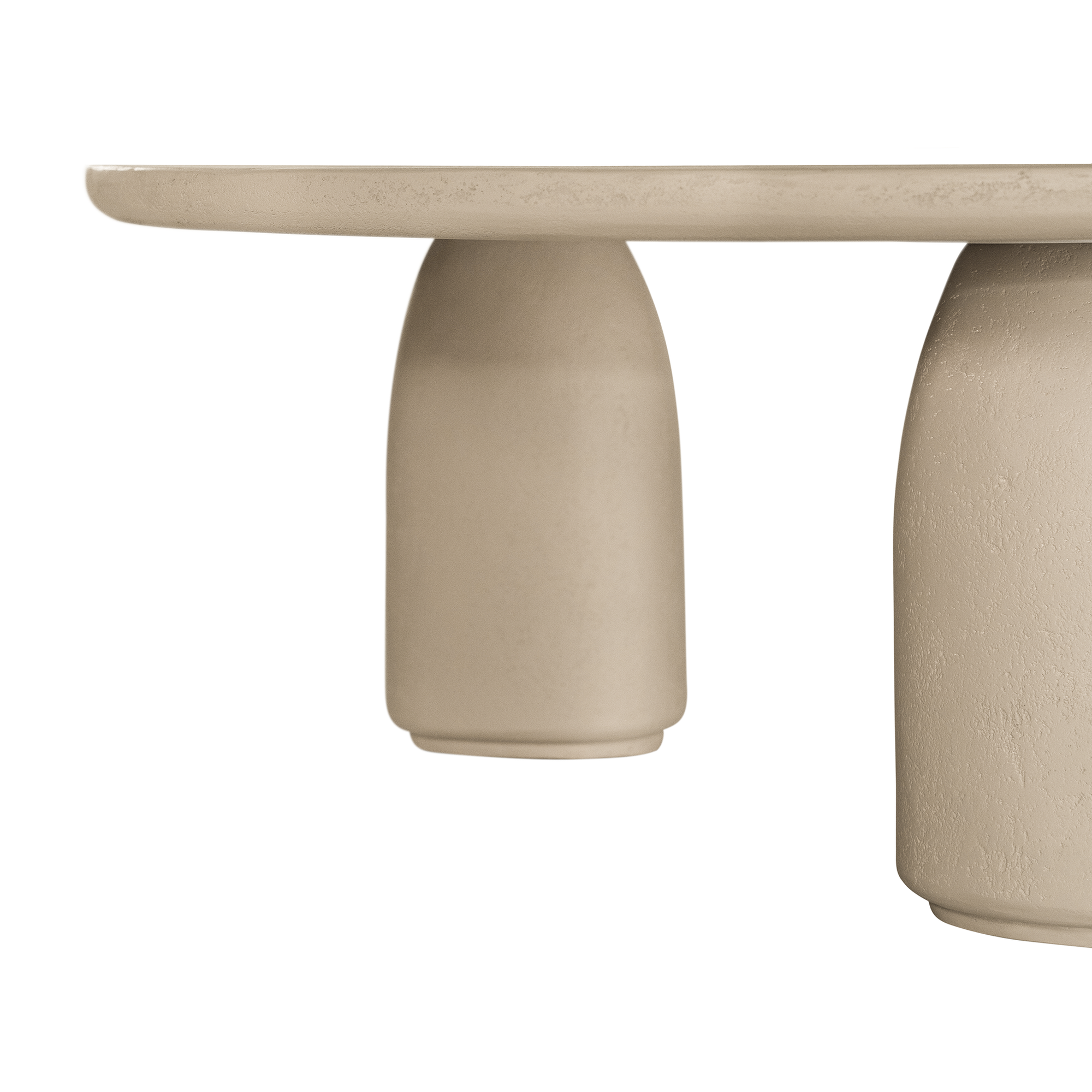 Lantara coffee table in driftstone finish with sculptural pedestal base and soft rounded top.