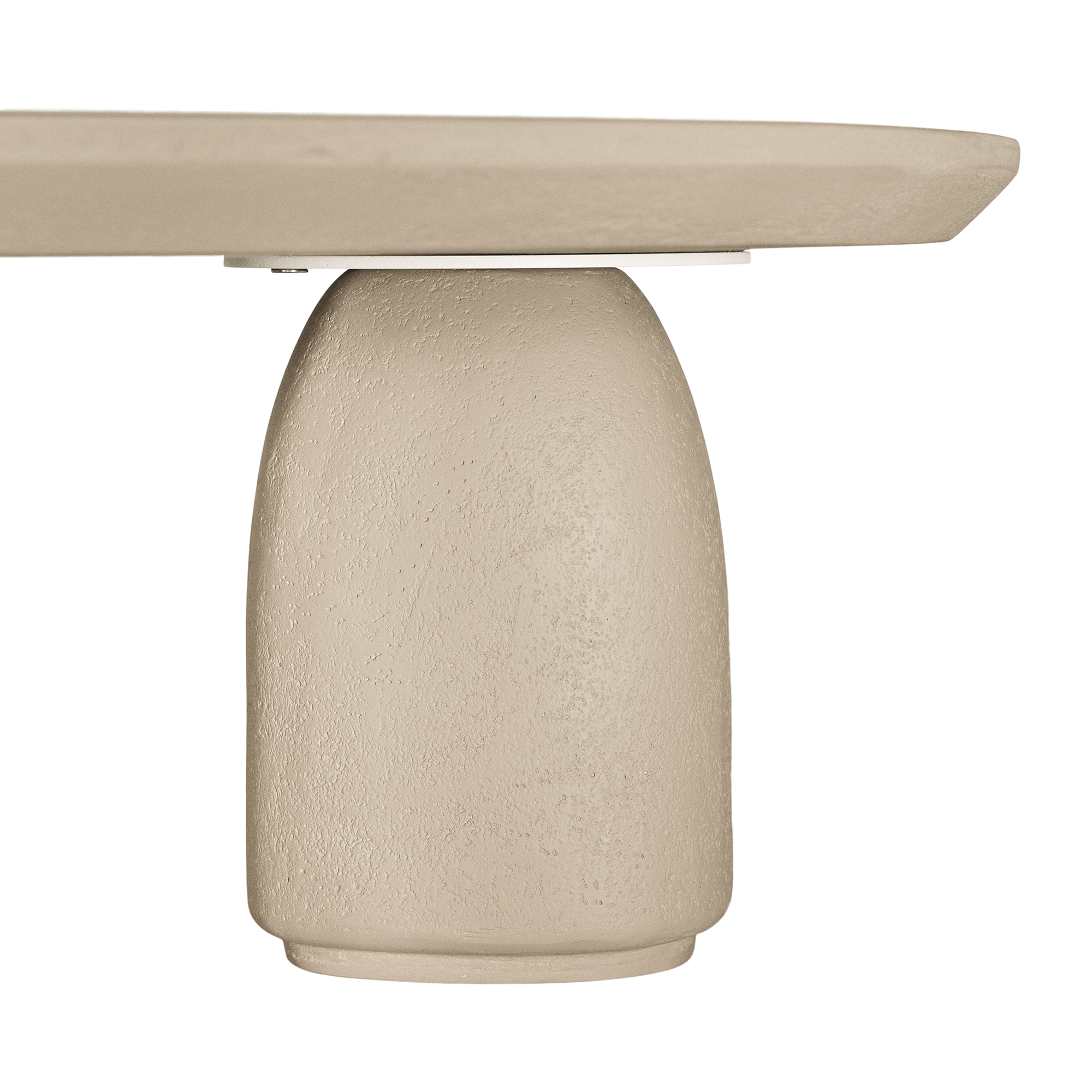 Lantara coffee table in driftstone finish with sculptural pedestal base and soft rounded top.