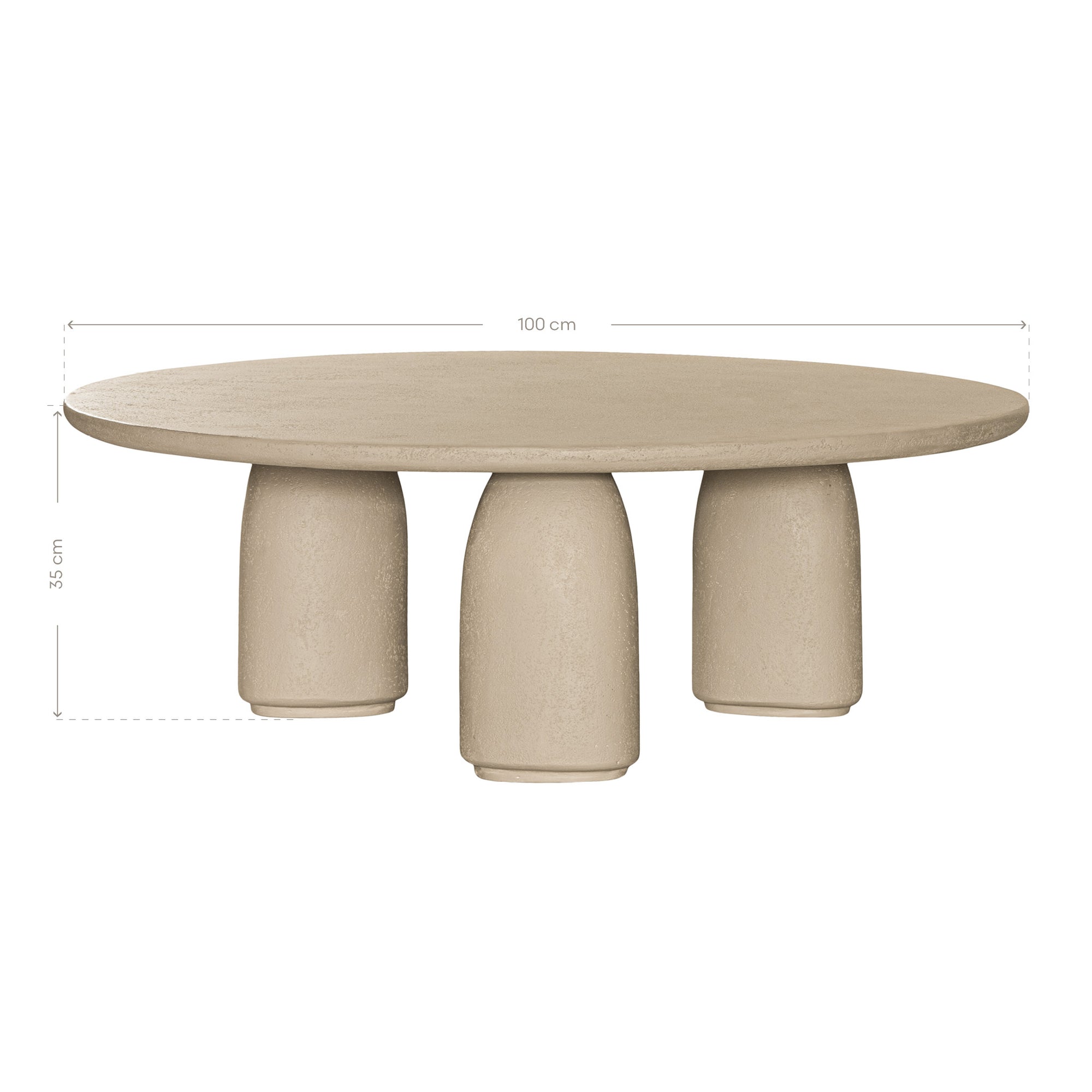 Lantara coffee table in driftstone finish with sculptural pedestal base and soft rounded top.