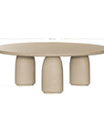 Lantara coffee table in driftstone finish with sculptural pedestal base and soft rounded top.