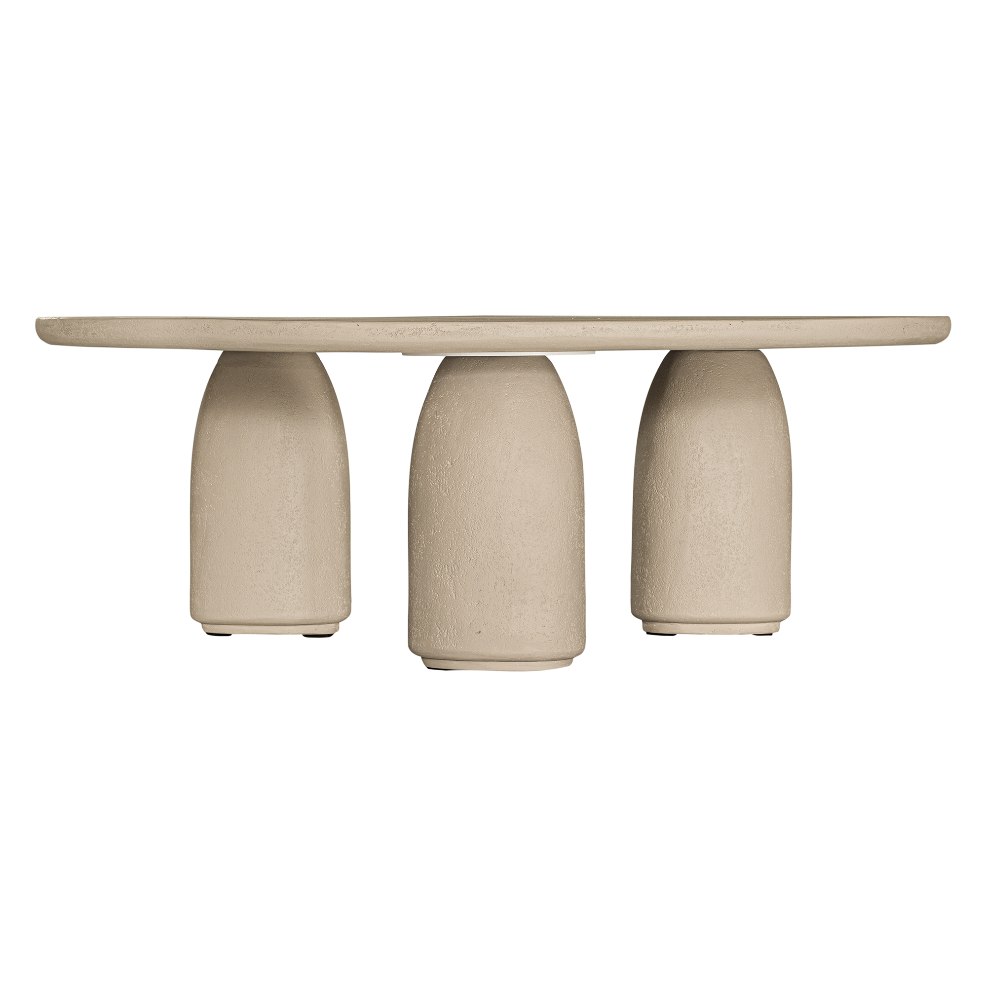 Lantara coffee table in driftstone finish with sculptural pedestal base and soft rounded top.