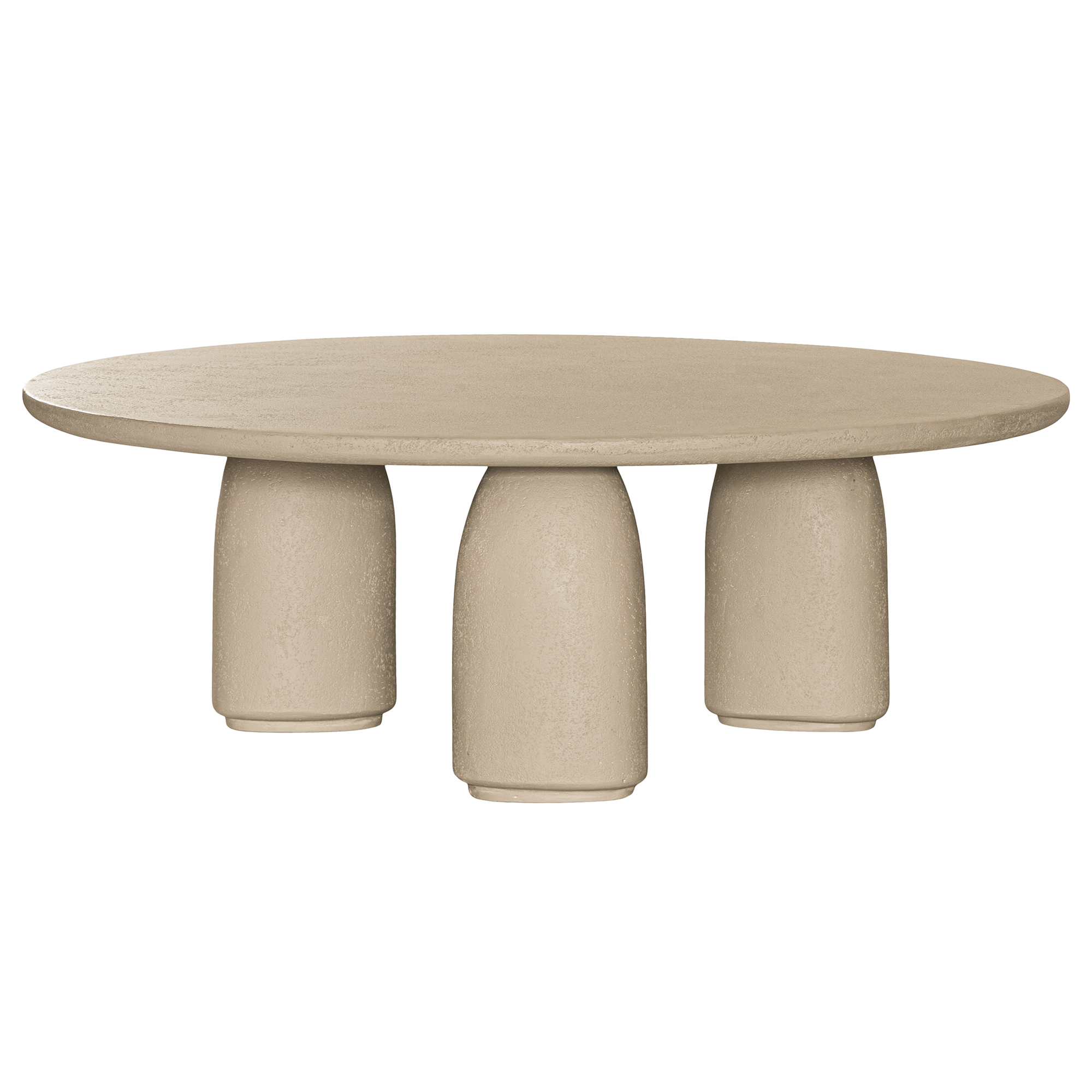 Lantara coffee table in driftstone finish with sculptural pedestal base and soft rounded top.