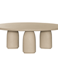 Lantara coffee table in driftstone finish with sculptural pedestal base and soft rounded top.