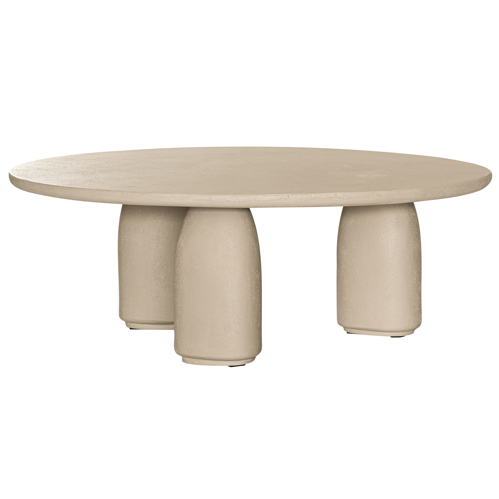 Lantara coffee table in driftstone finish with sculptural pedestal base and soft rounded top.