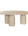 Lantara coffee table in driftstone finish with sculptural pedestal base and soft rounded top.