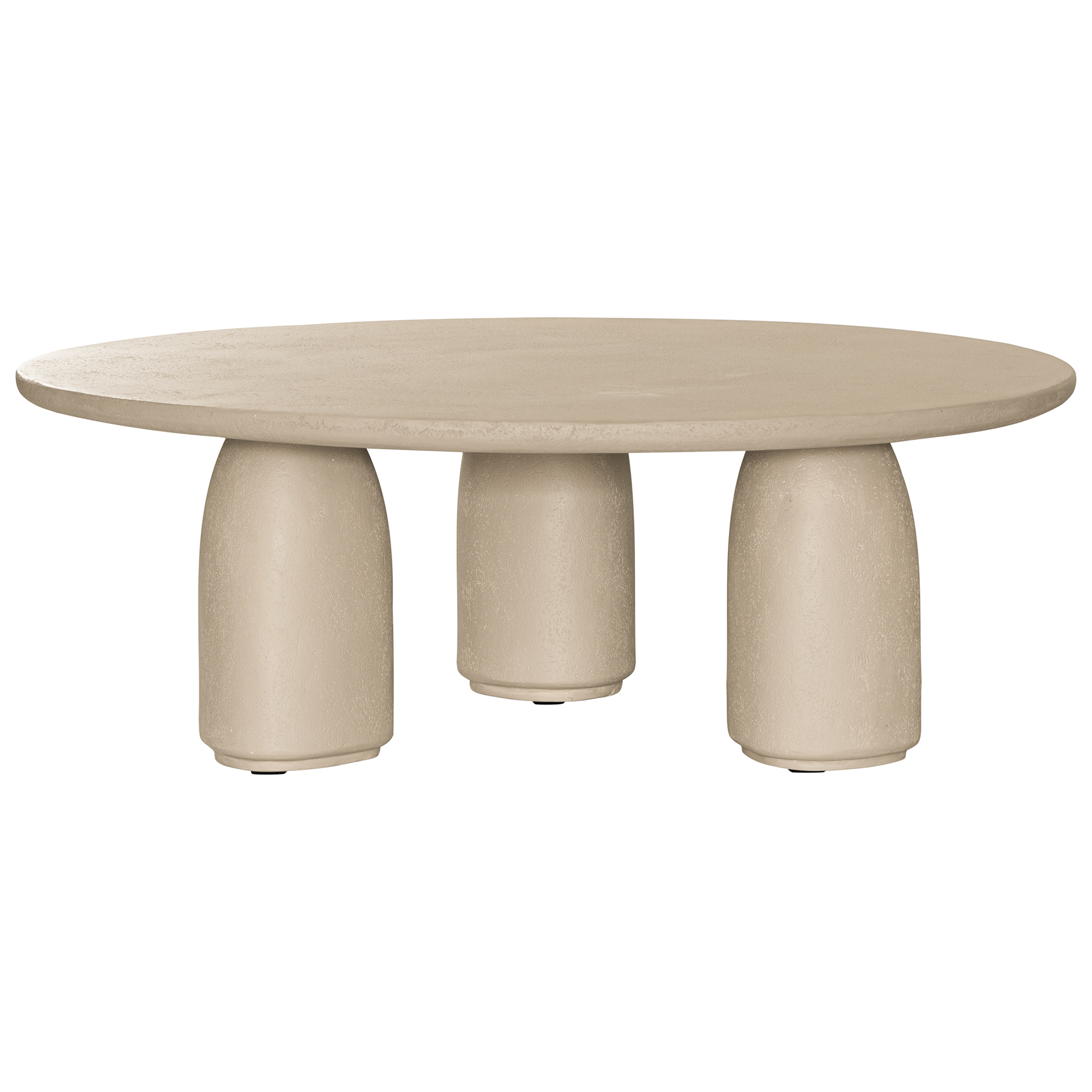 Lantara coffee table in driftstone finish with sculptural pedestal base and soft rounded top.