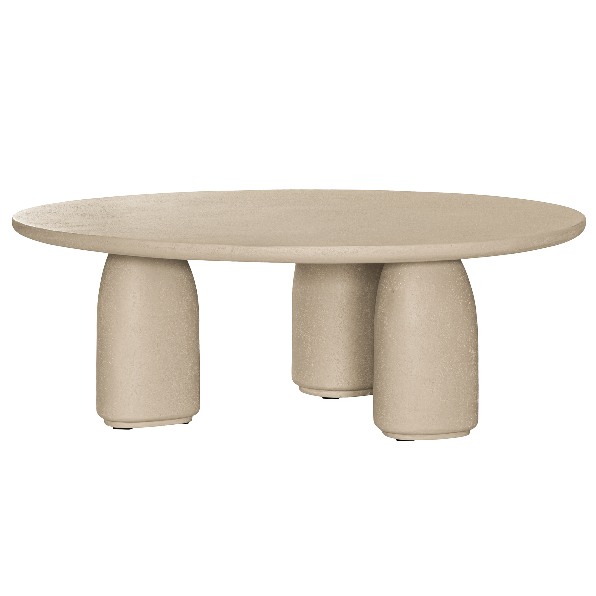 Lantara coffee table in driftstone finish with sculptural pedestal base and soft rounded top.
