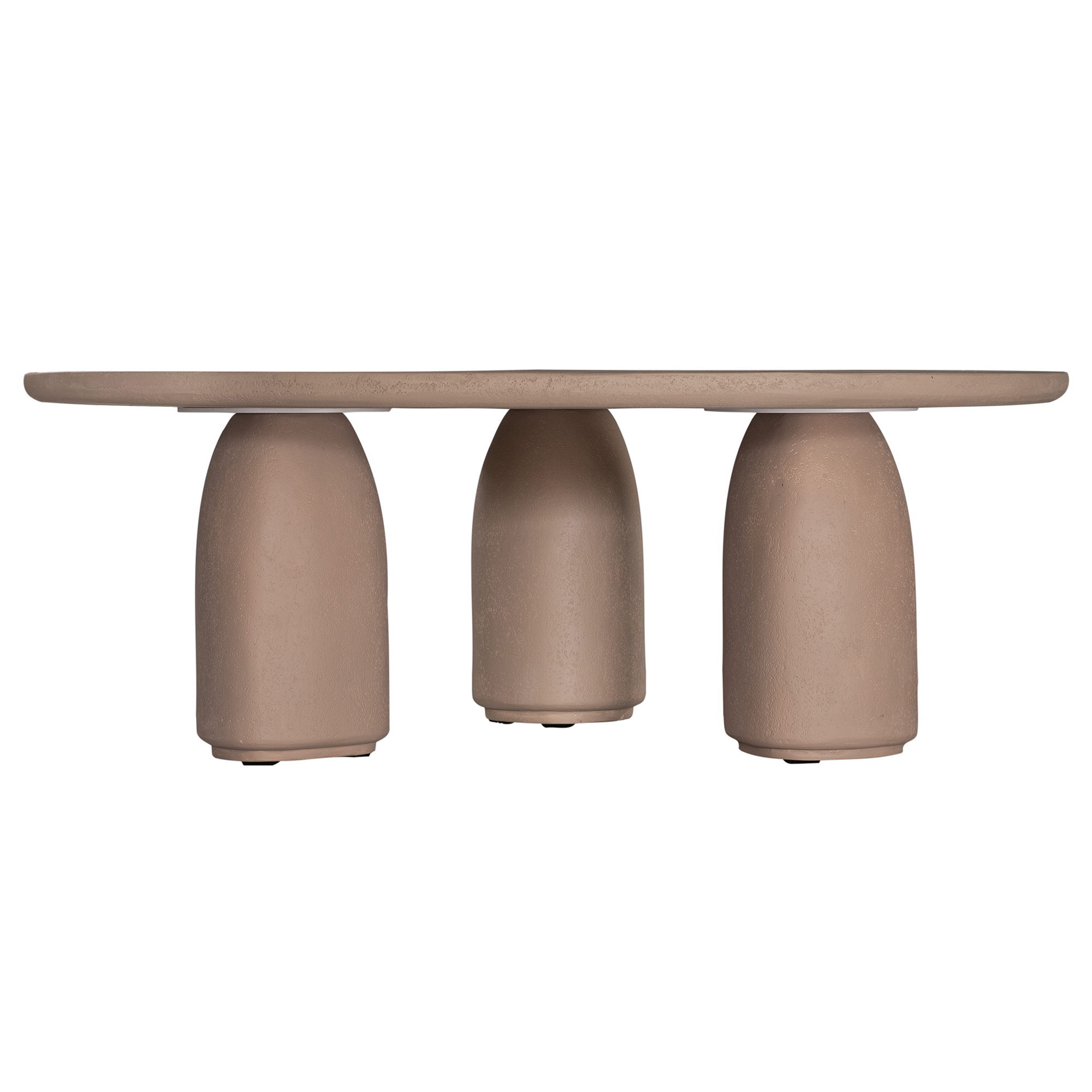 Lantara coffee table small in nomad dune finish with rounded top and three sculptural cylindrical legs.