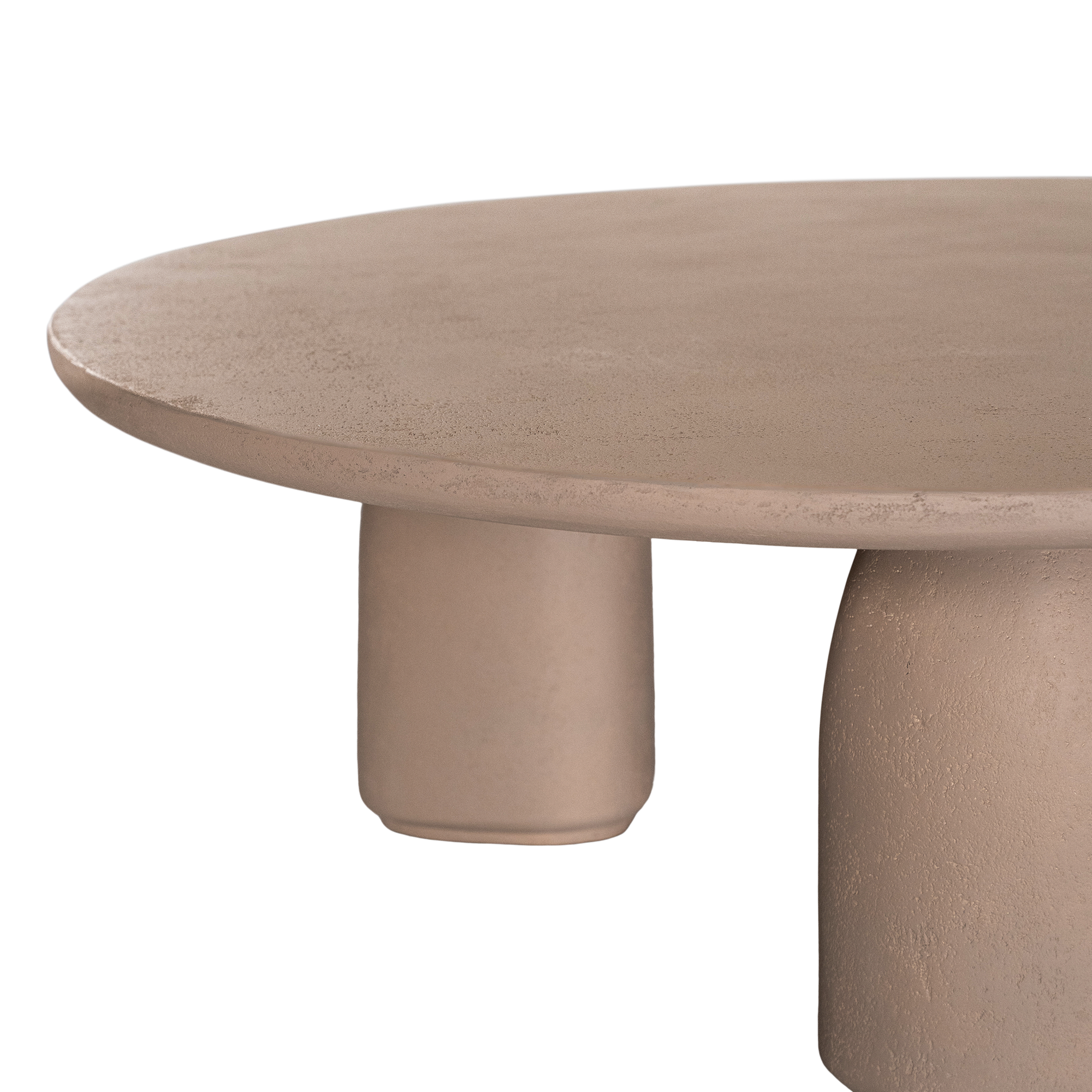 Lantara coffee table small in nomad dune finish with rounded top and three sculptural cylindrical legs.