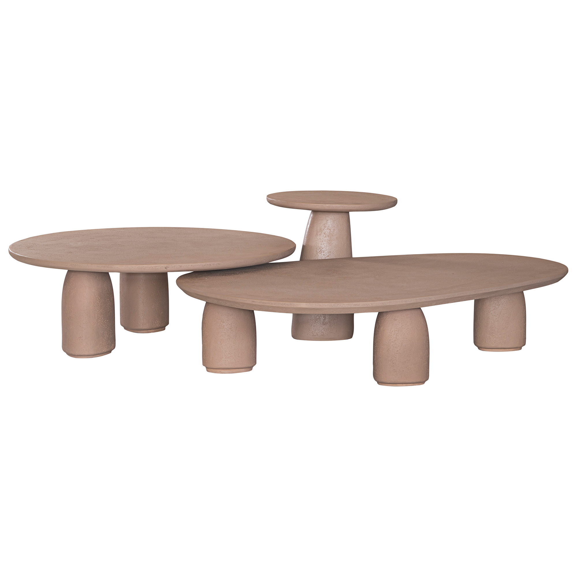 Lantara coffee table small in nomad dune finish with rounded top and three sculptural cylindrical legs.