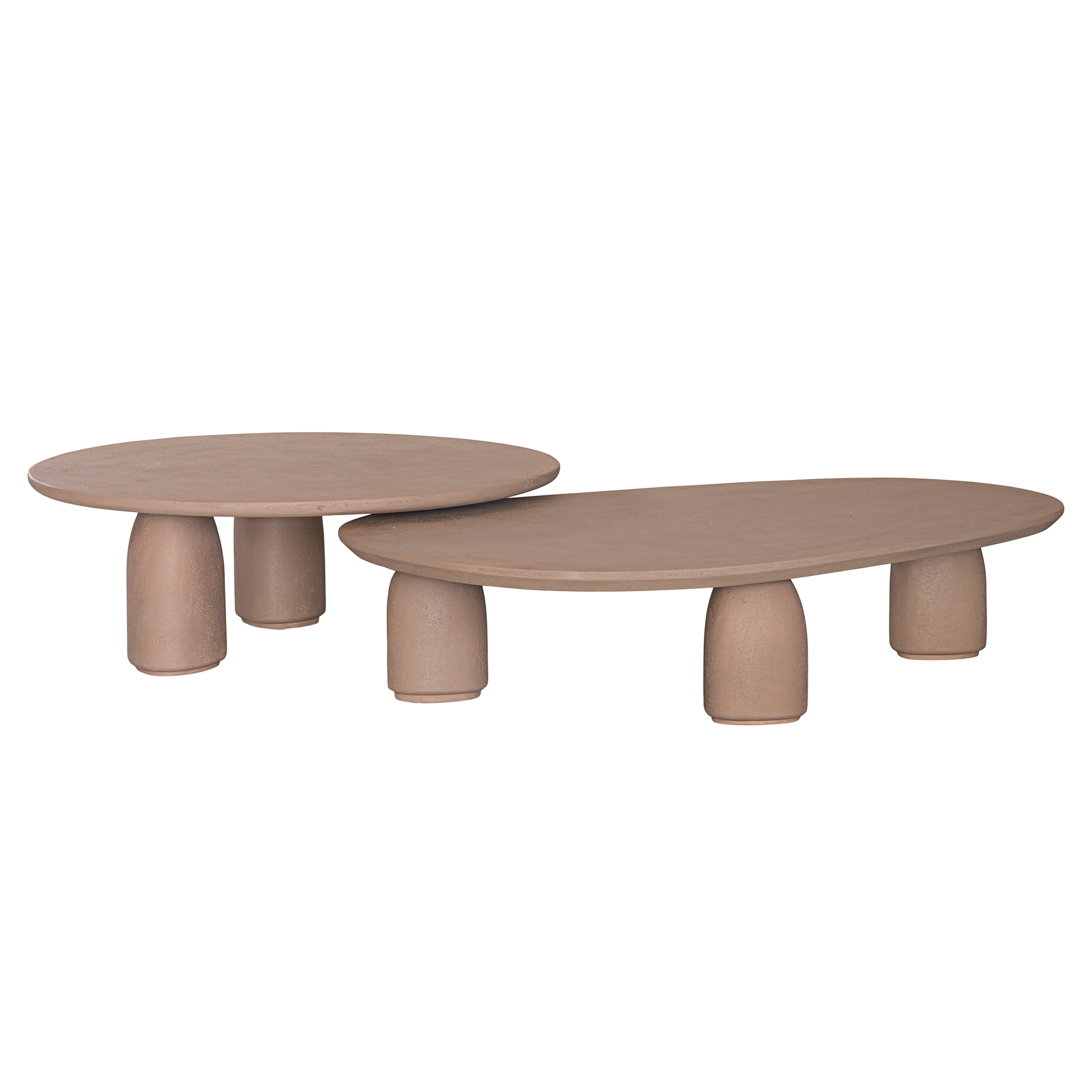 Lantara coffee table small in nomad dune finish with rounded top and three sculptural cylindrical legs.