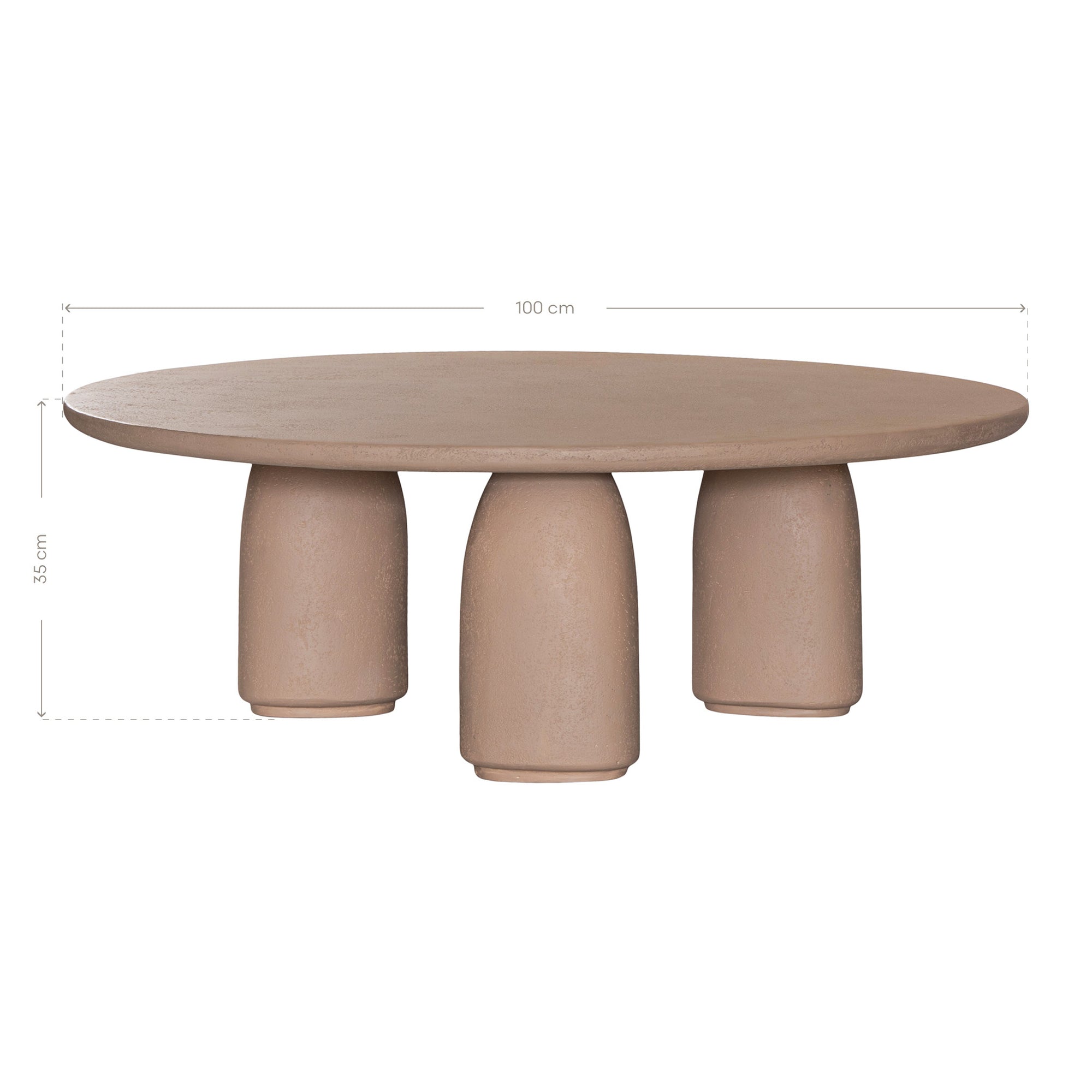 Lantara coffee table small in nomad dune finish with rounded top and three sculptural cylindrical legs.