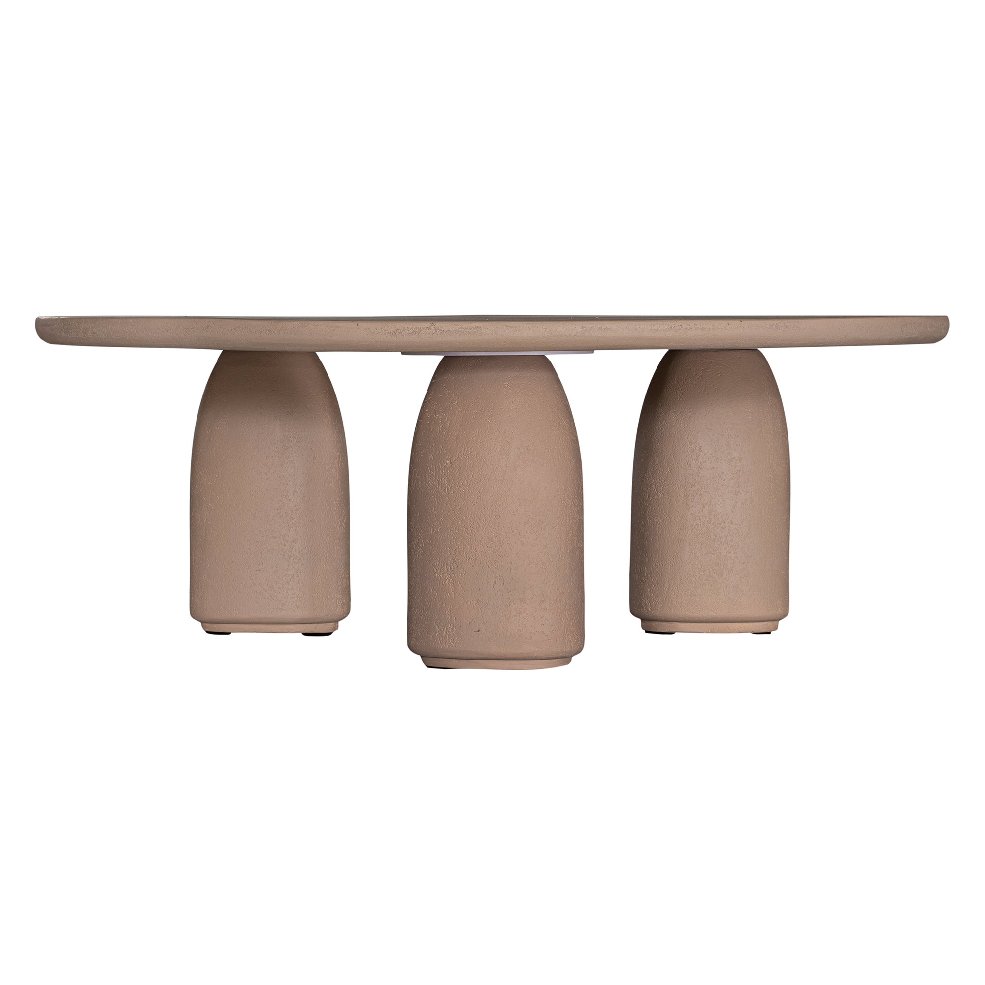 Lantara coffee table small in nomad dune finish with rounded top and three sculptural cylindrical legs.