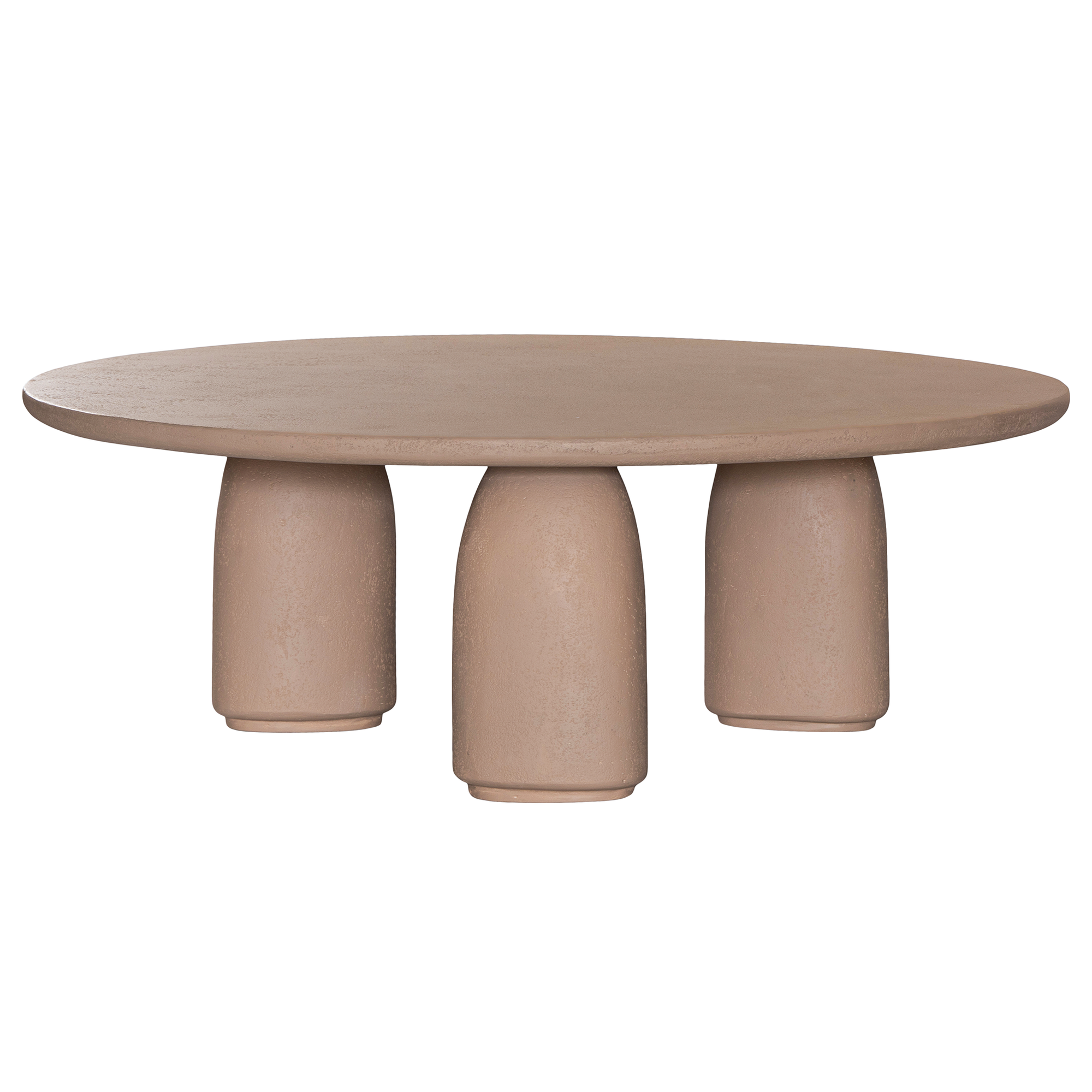 Lantara coffee table small in nomad dune finish with rounded top and three sculptural cylindrical legs.