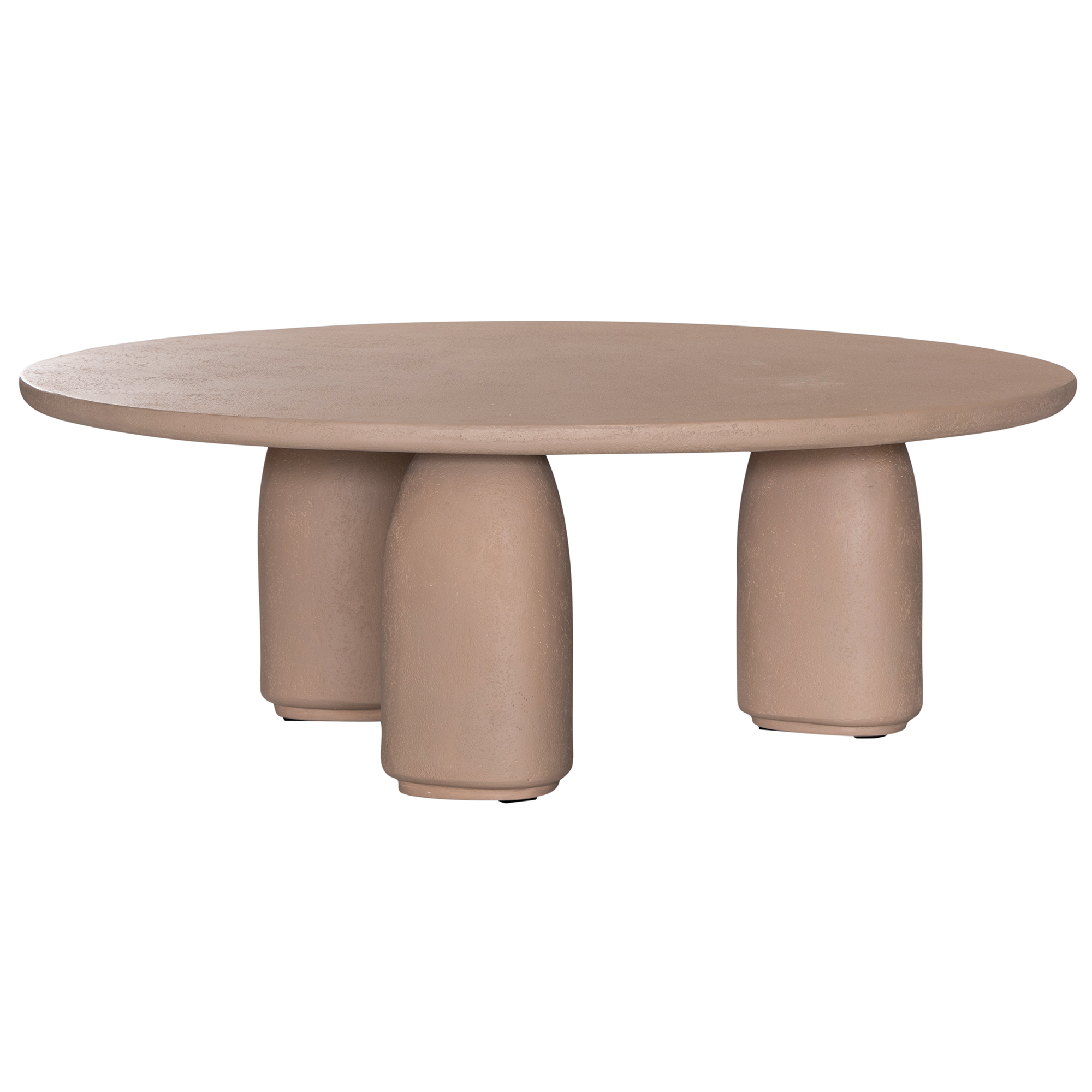 Lantara coffee table small in nomad dune finish with rounded top and three sculptural cylindrical legs.