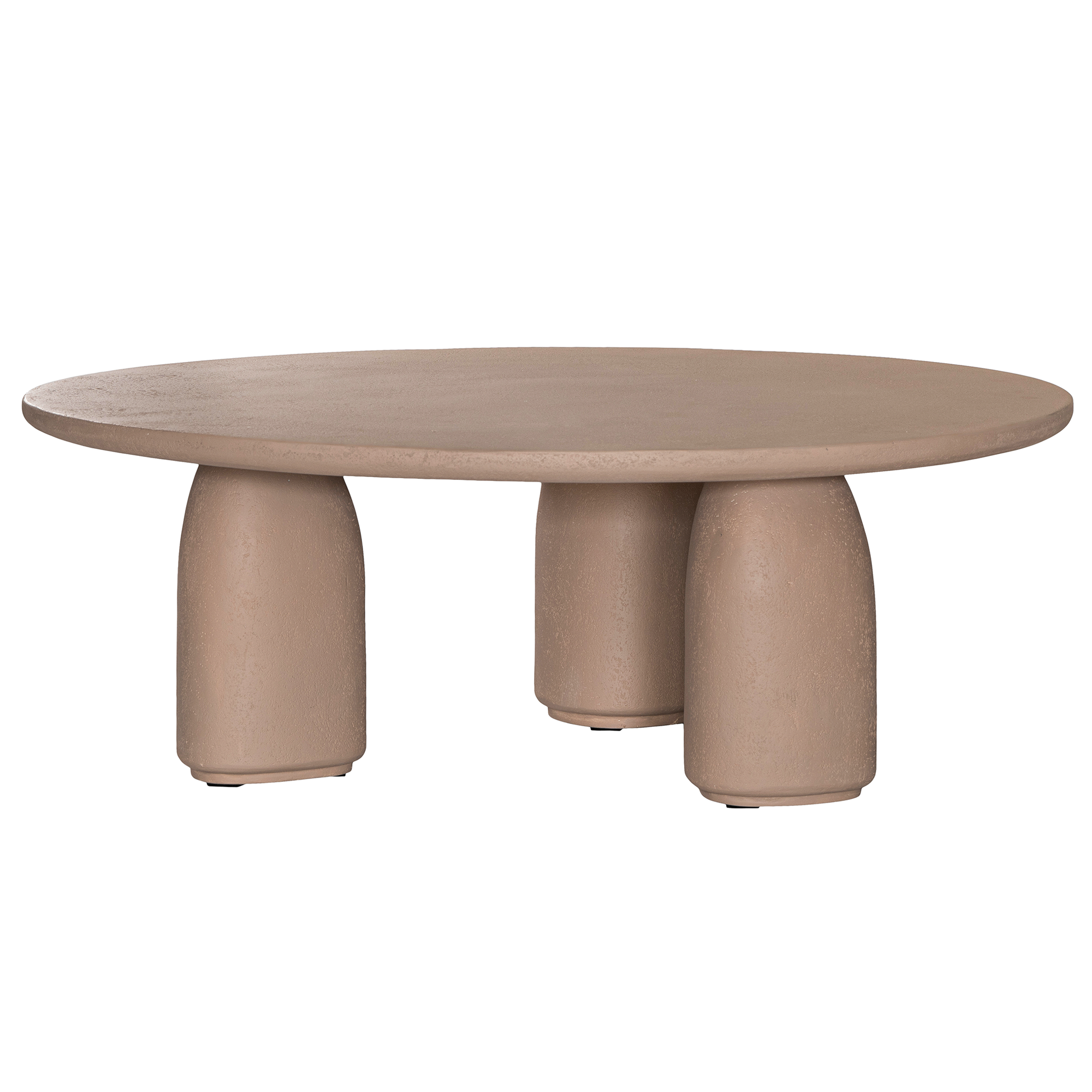 Lantara coffee table small in nomad dune finish with rounded top and three sculptural cylindrical legs.