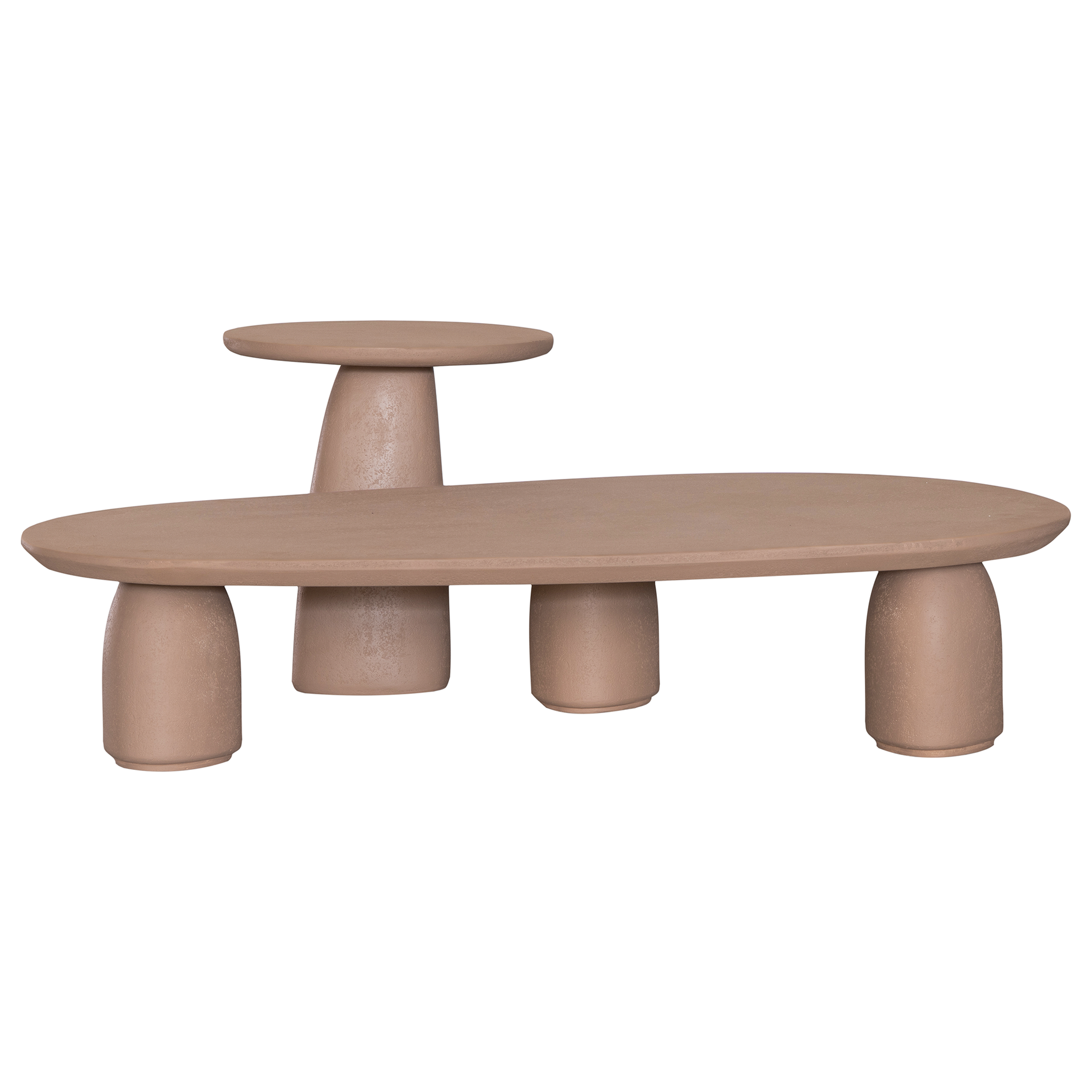 Lantara side table and large coffee table in nomad dune with tapered sculptural base and rounded top shown in a clean minimal setting.