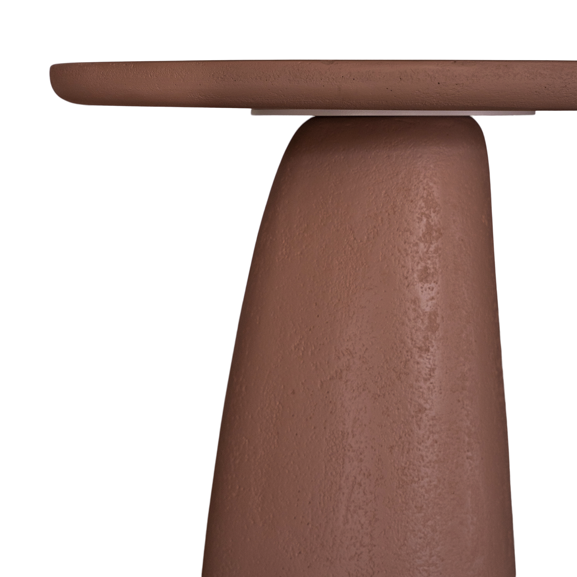 Lantara side table in a cinnabar clay finish with round top and elongated sculptural leg.