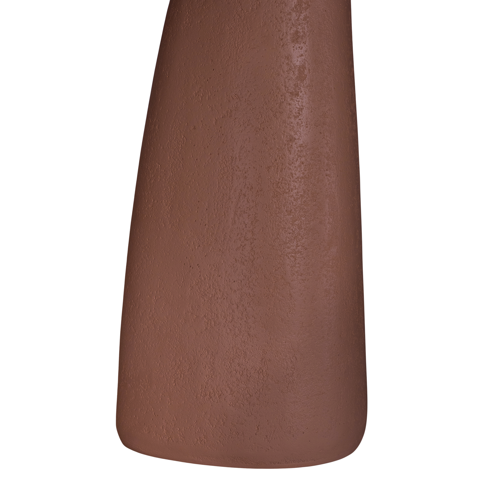 Lantara side table in a cinnabar clay finish with round top and elongated sculptural leg.