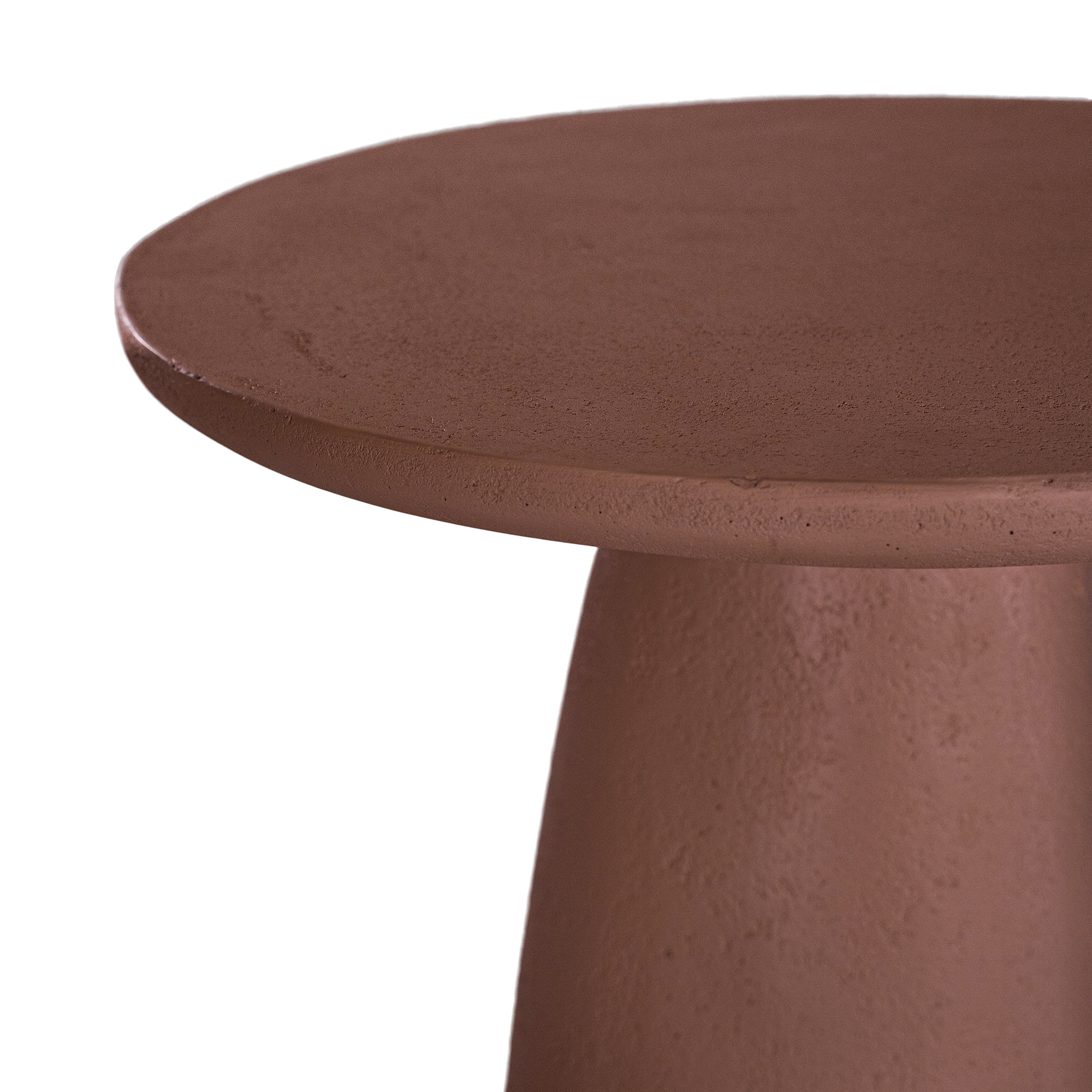 Lantara side table in a cinnabar clay finish with round top and elongated sculptural leg.
