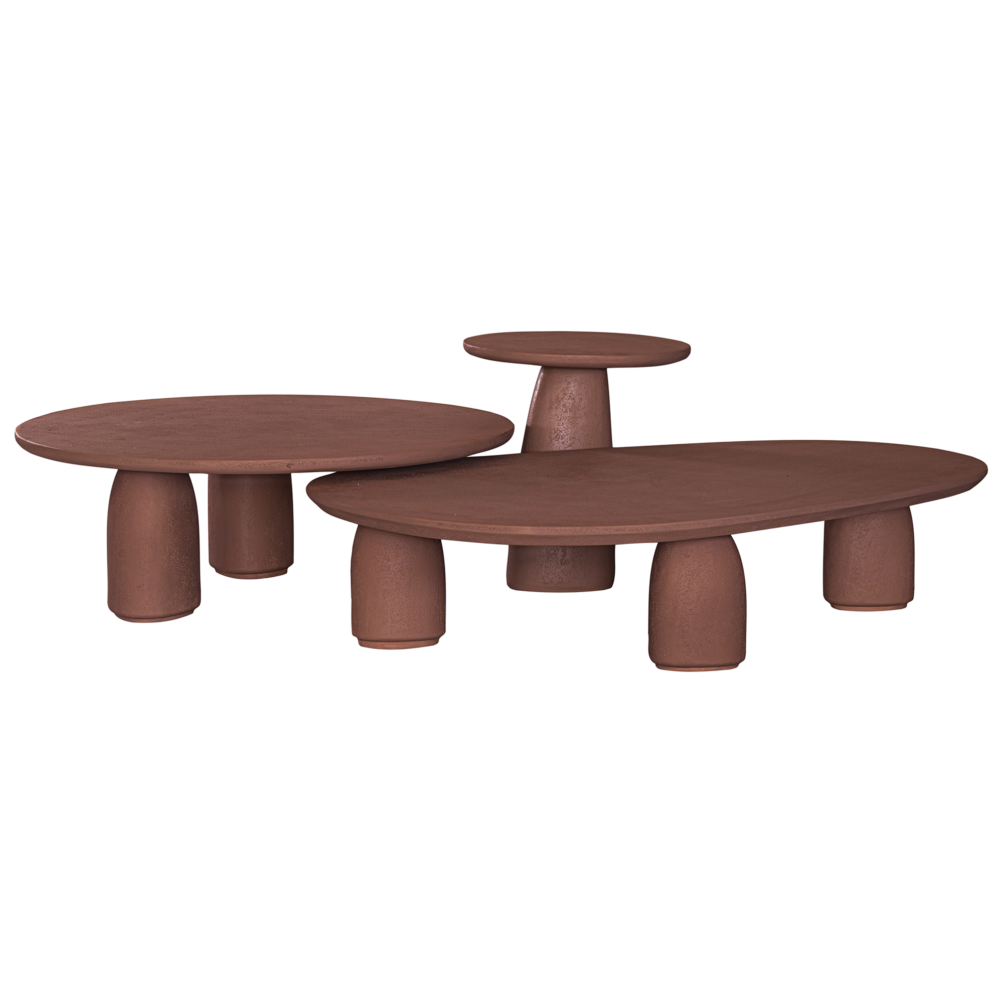 Lantara side table in a cinnabar clay finish with round top and elongated sculptural leg.