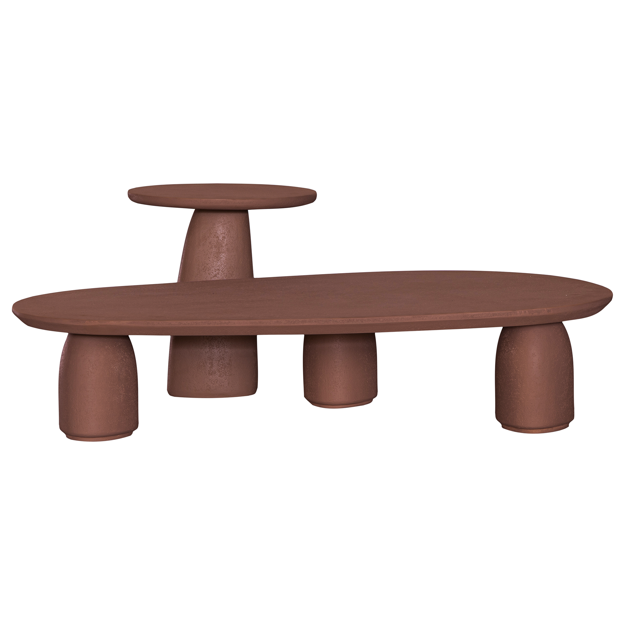 Lantara coffee table large in cinnabar clay finish with elongated oval top and three rounded sculptural legs.