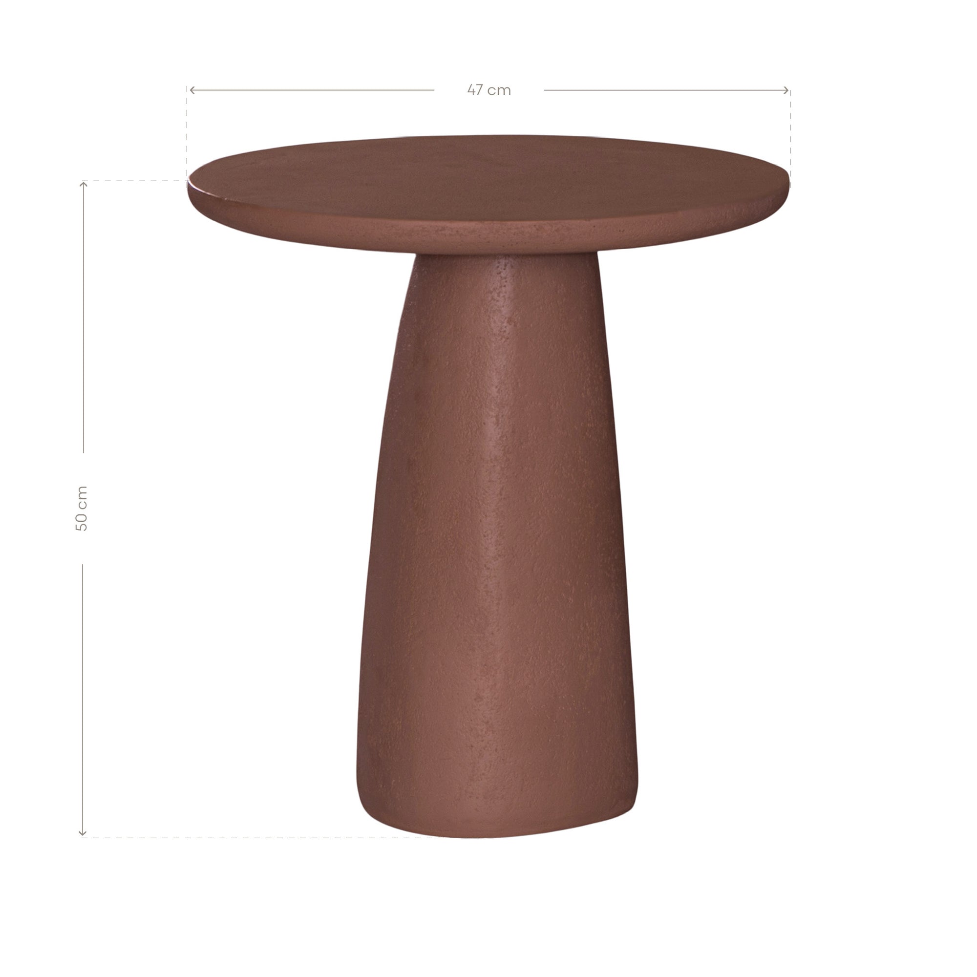 Lantara side table in a cinnabar clay finish with round top and elongated sculptural leg.