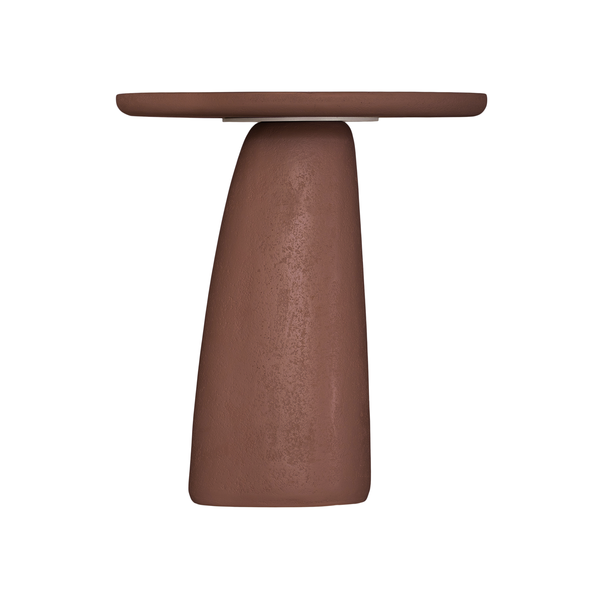 Lantara side table in a cinnabar clay finish with round top and elongated sculptural leg.