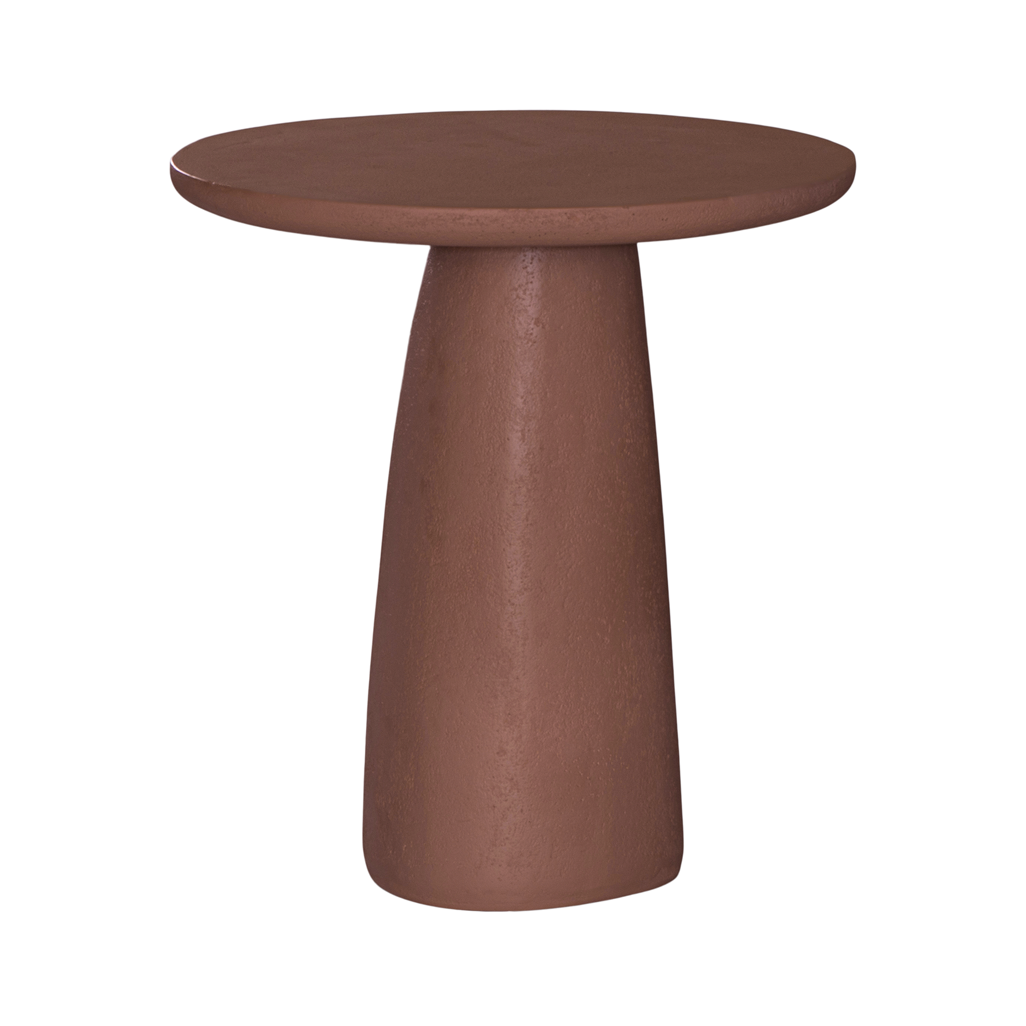 Lantara side table in a cinnabar clay finish with round top and elongated sculptural leg.