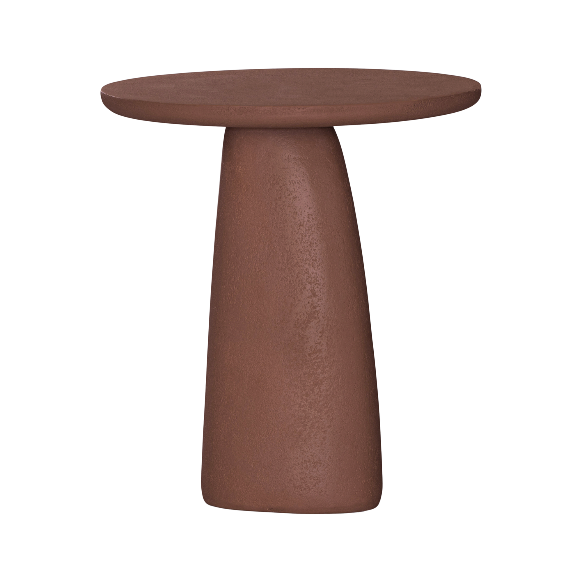 Lantara side table in a cinnabar clay finish with round top and elongated sculptural leg.