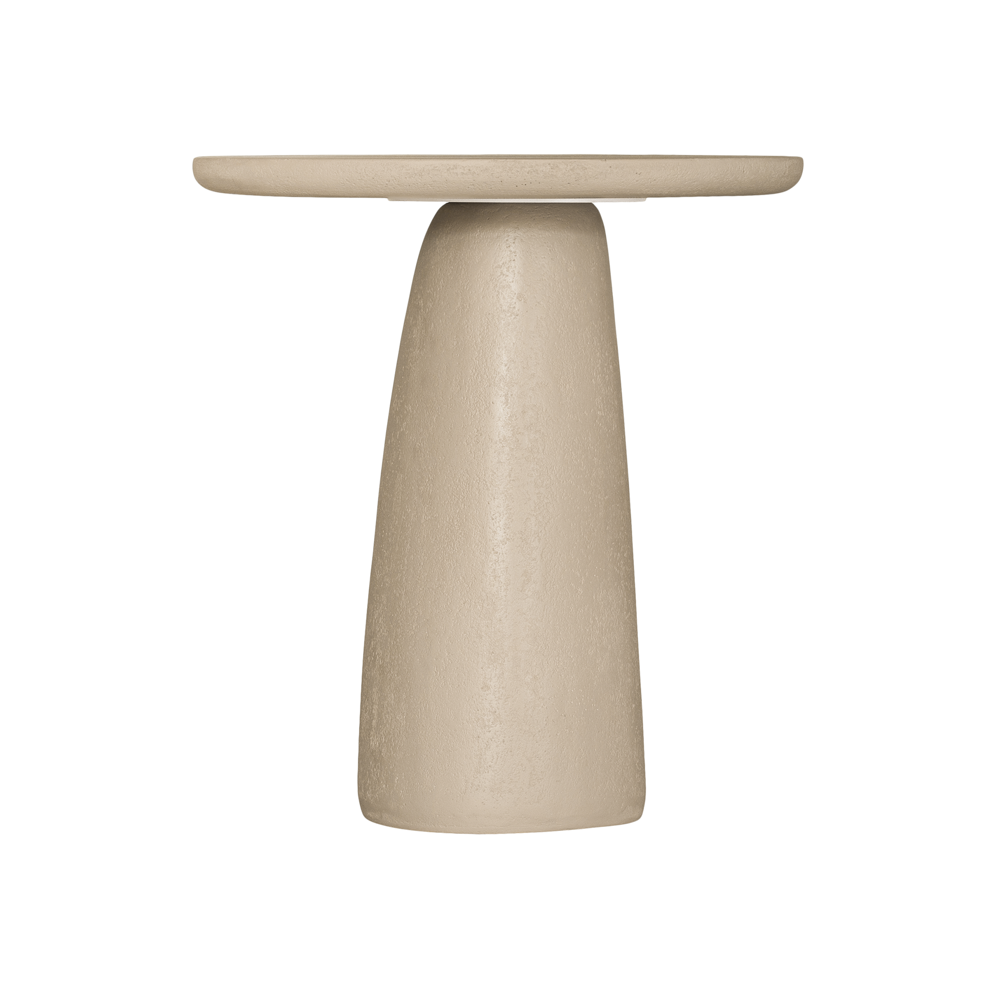 Lantara side table in driftstone finish with sculptural pedestal base and soft rounded top.