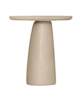 Lantara side table in driftstone finish with sculptural pedestal base and soft rounded top.