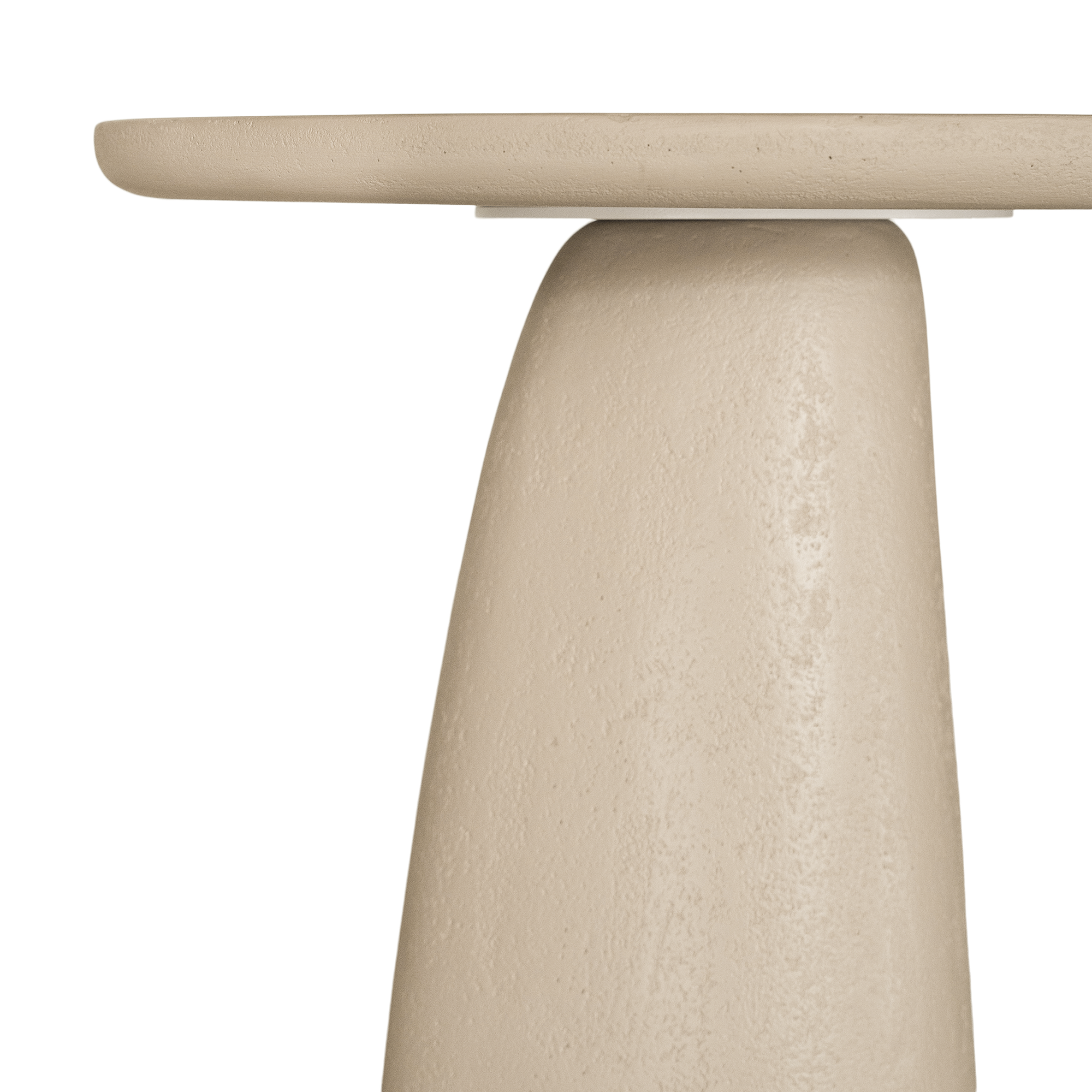 Lantara side table in driftstone finish with sculptural pedestal base and soft rounded top.