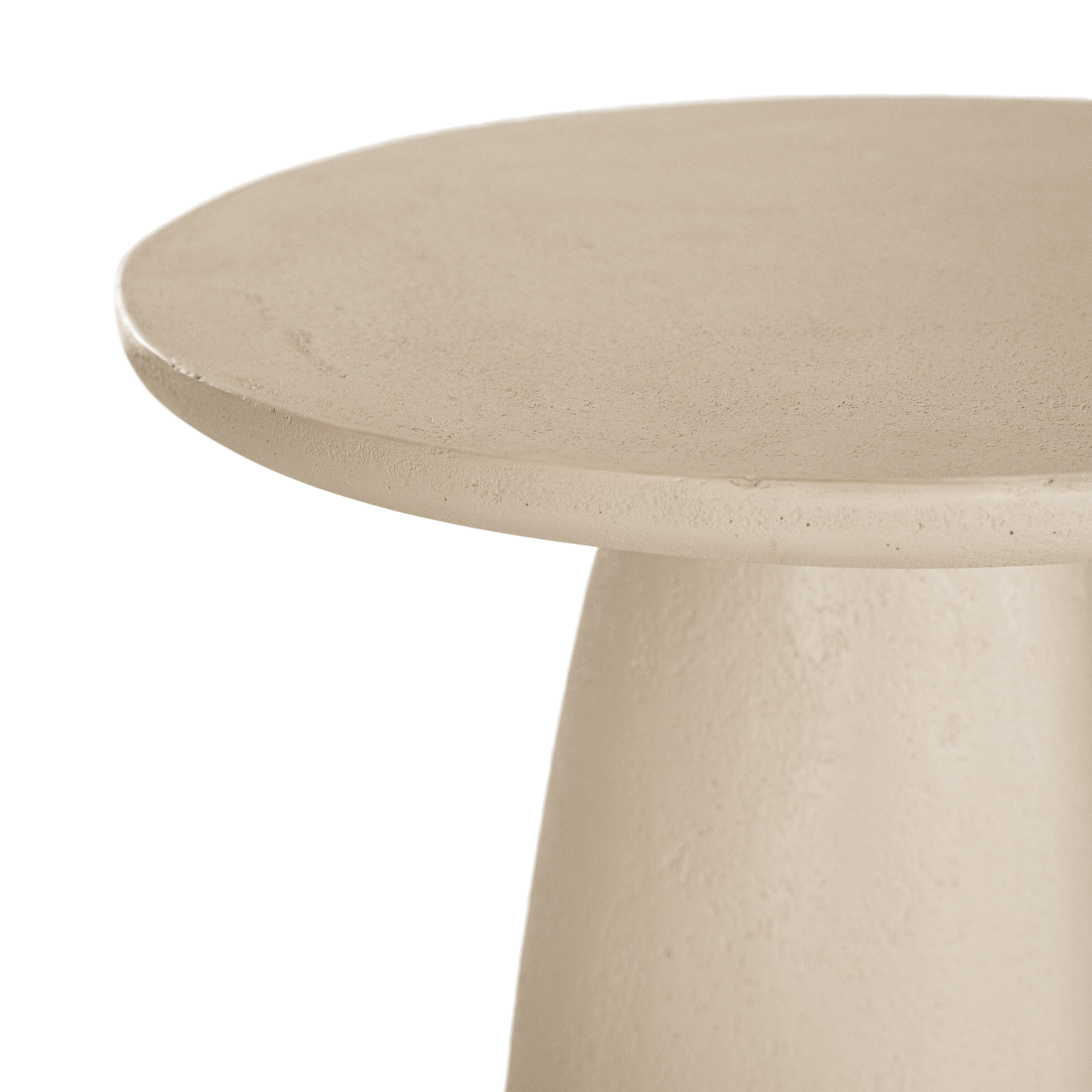 Lantara side table in driftstone finish with sculptural pedestal base and soft rounded top.
