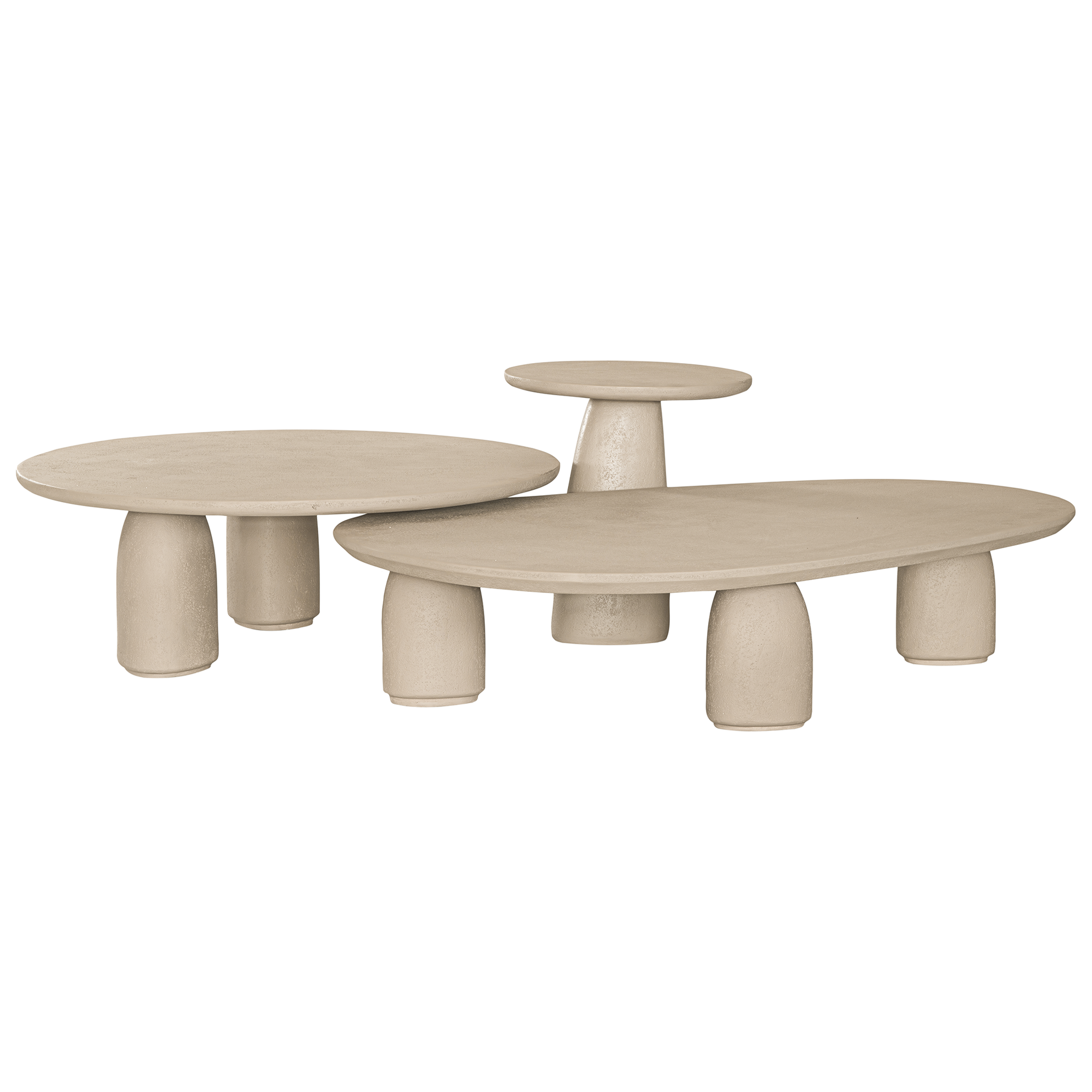 Lantara table cluster in driftstone finish with sculptural pedestal base and soft rounded top.