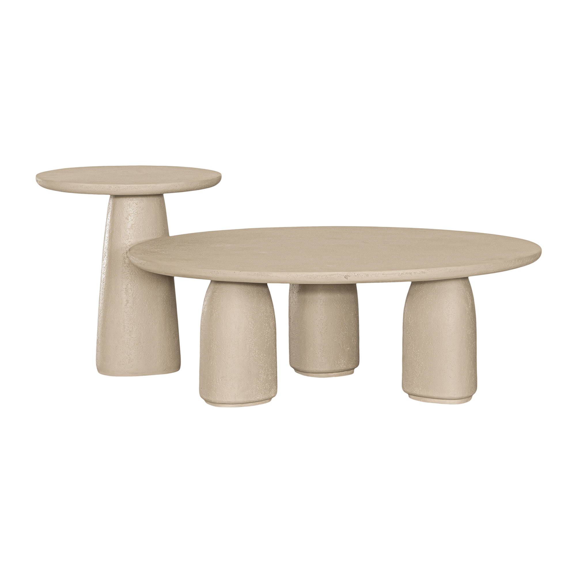 Lantara table cluster in driftstone finish with sculptural pedestal base and soft rounded top.