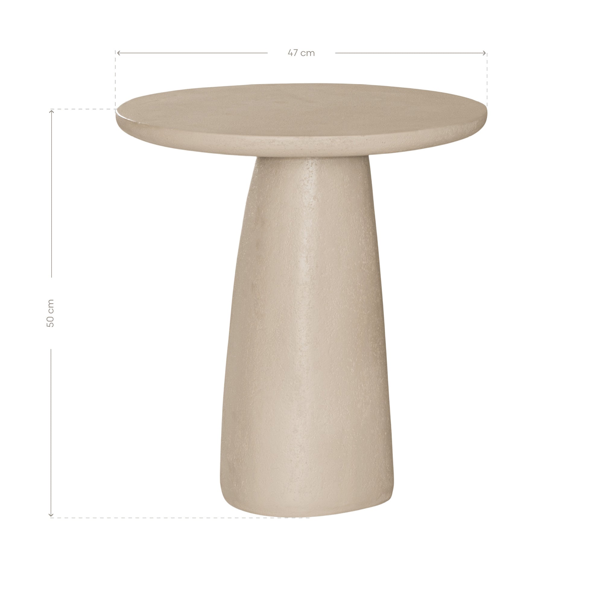 Lantara side table in driftstone finish with sculptural pedestal base and soft rounded top.