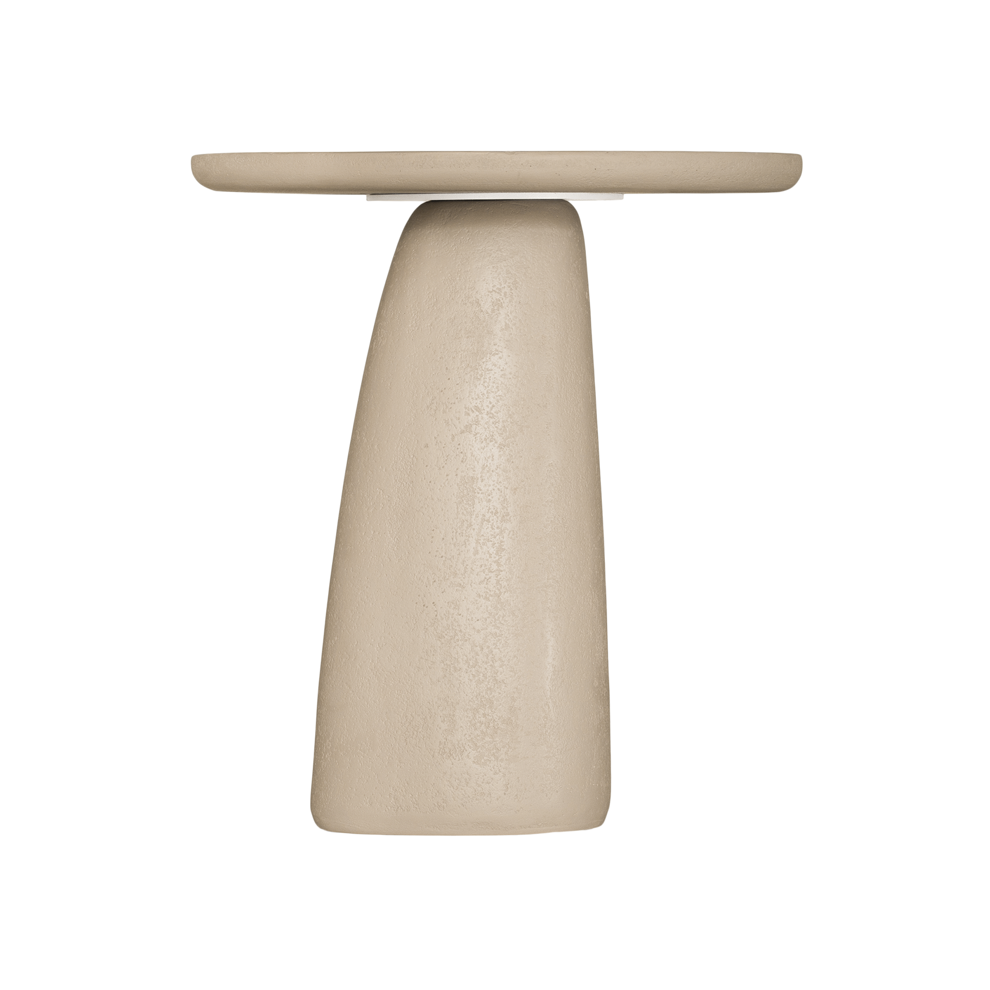 Lantara side table in driftstone finish with sculptural pedestal base and soft rounded top.
