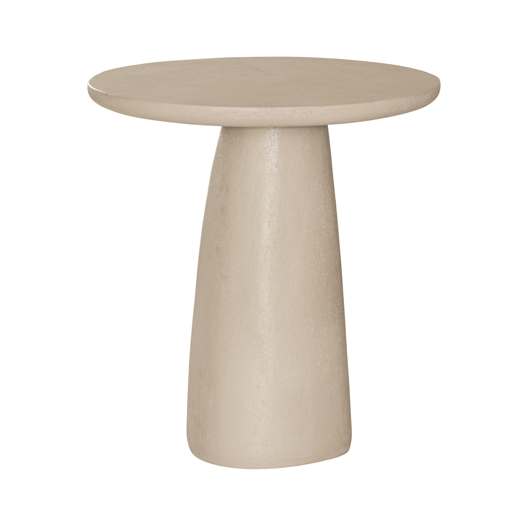 Lantara side table in driftstone finish with sculptural pedestal base and soft rounded top.