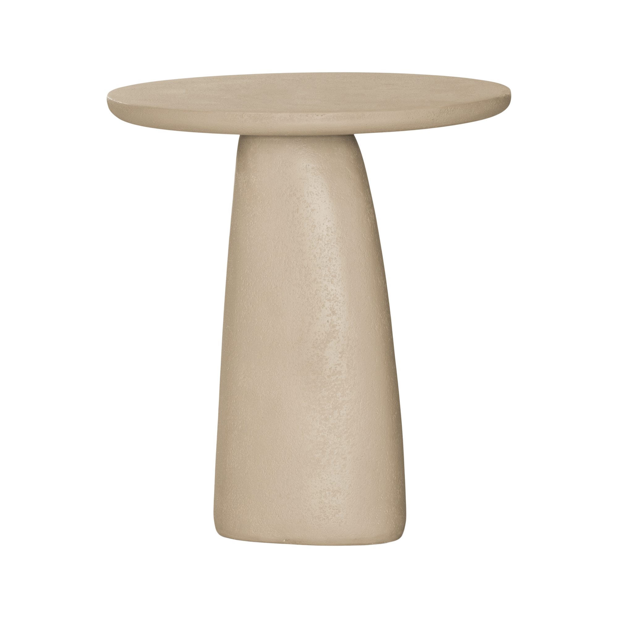 Lantara side table in driftstone finish with sculptural pedestal base and soft rounded top.