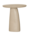 Lantara side table in driftstone finish with sculptural pedestal base and soft rounded top.
