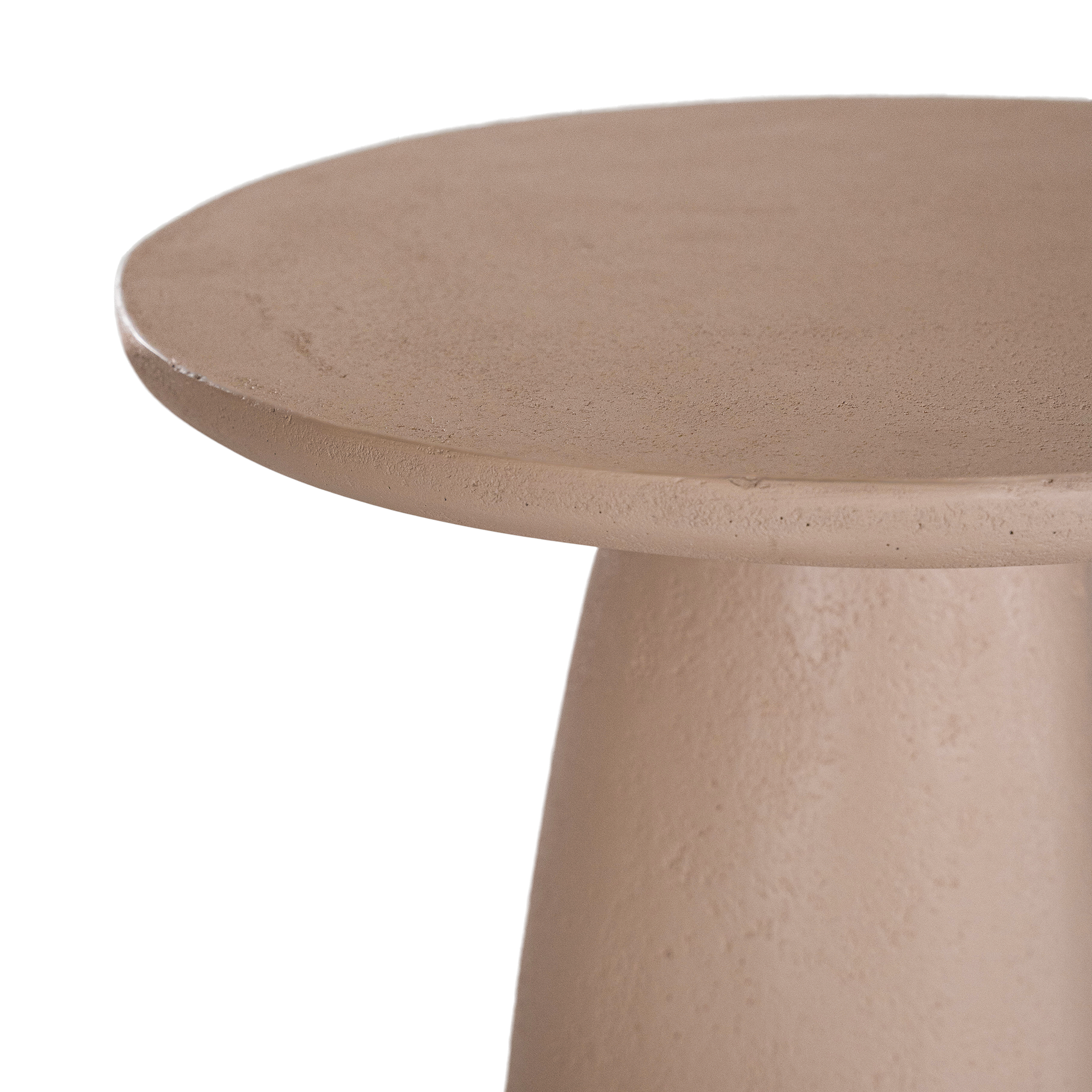 Lantara side table in nomad dune with tapered sculptural base and rounded top shown in a clean minimal setting.