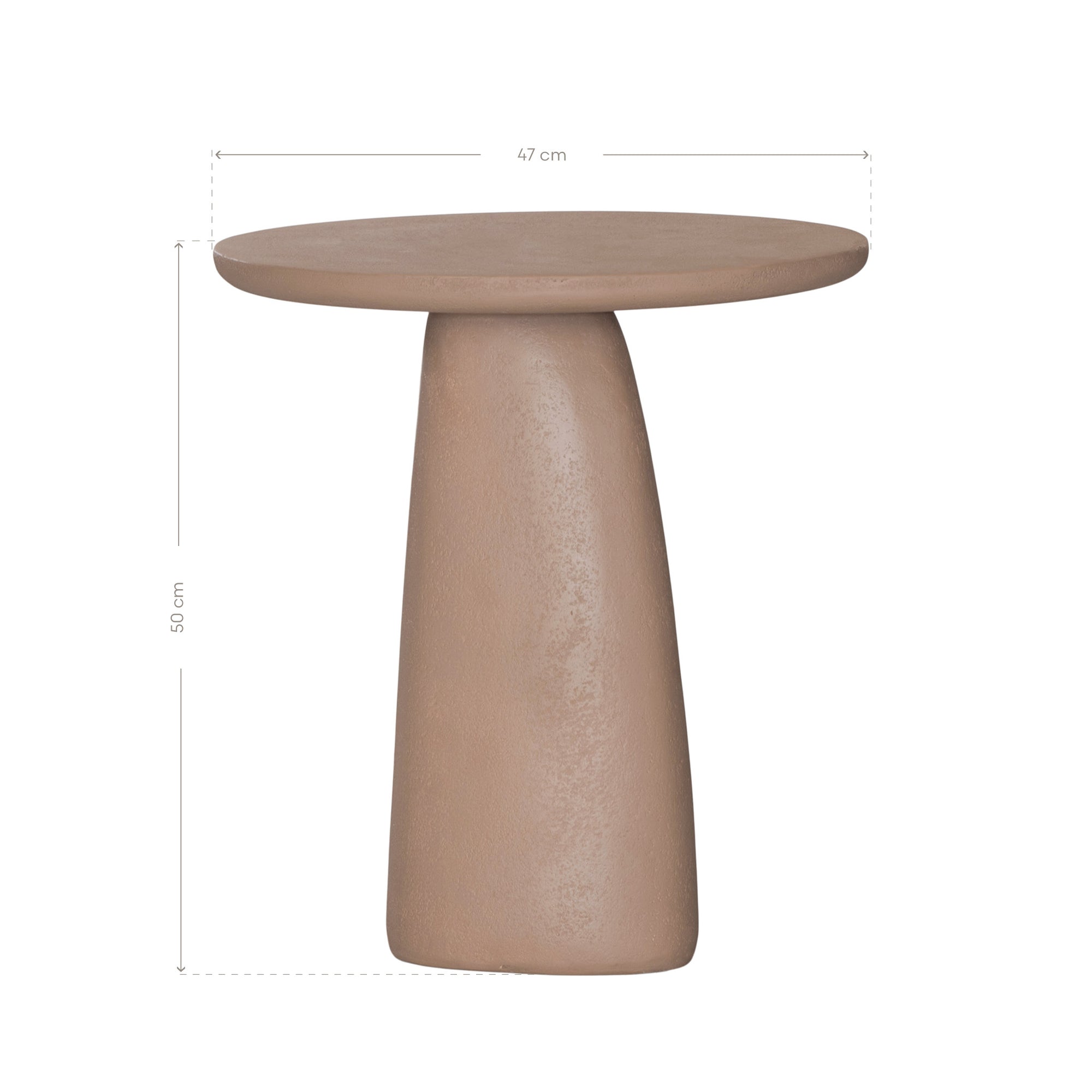 Lantara side table in nomad dune with tapered sculptural base and rounded top shown in a clean minimal setting.