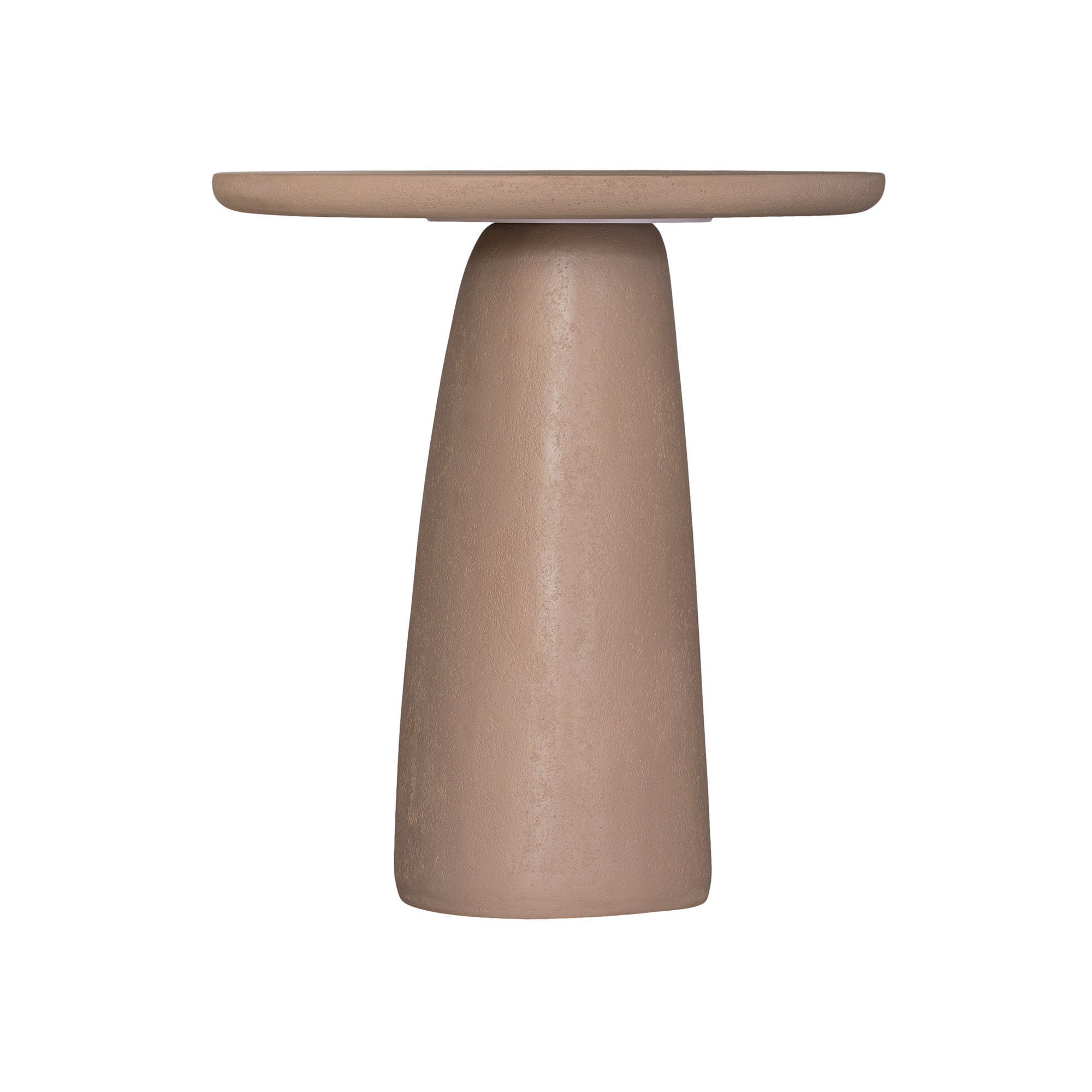Lantara side table in nomad dune with tapered sculptural base and rounded top shown in a clean minimal setting.