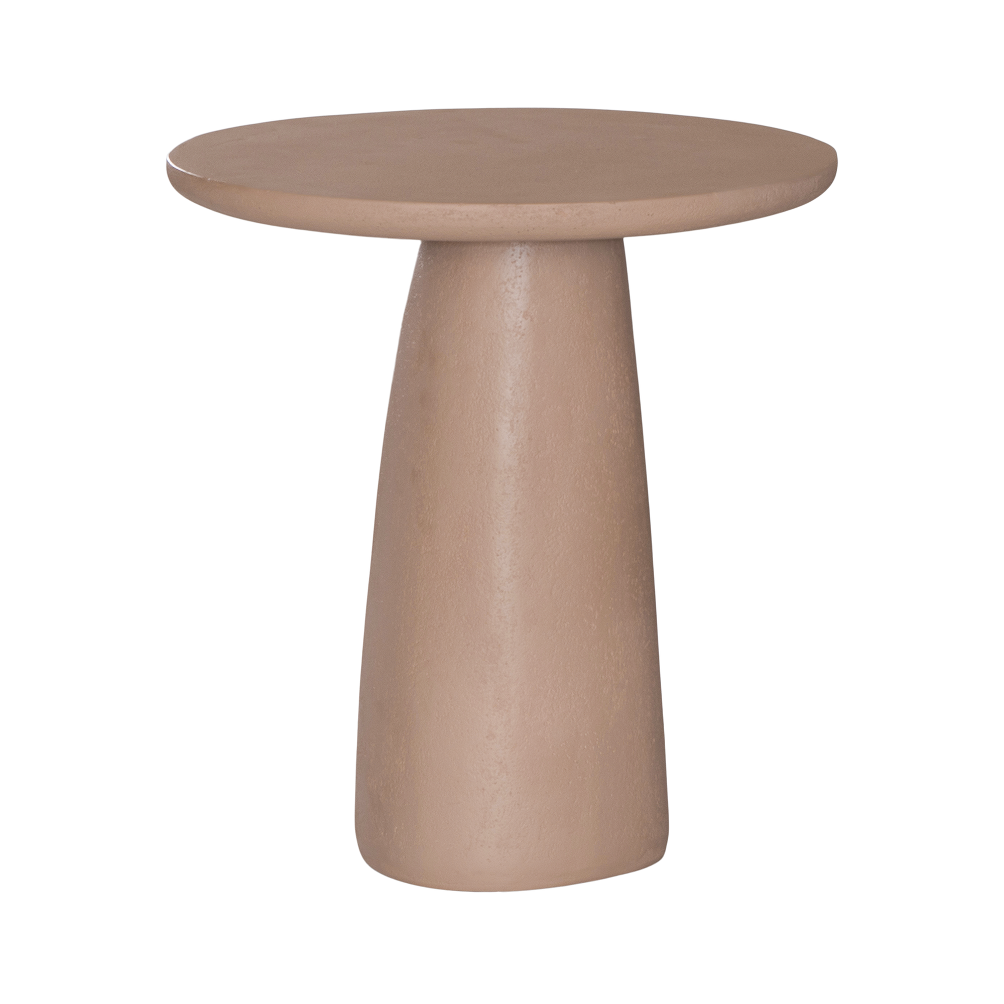 Lantara side table in nomad dune with tapered sculptural base and rounded top shown in a clean minimal setting.